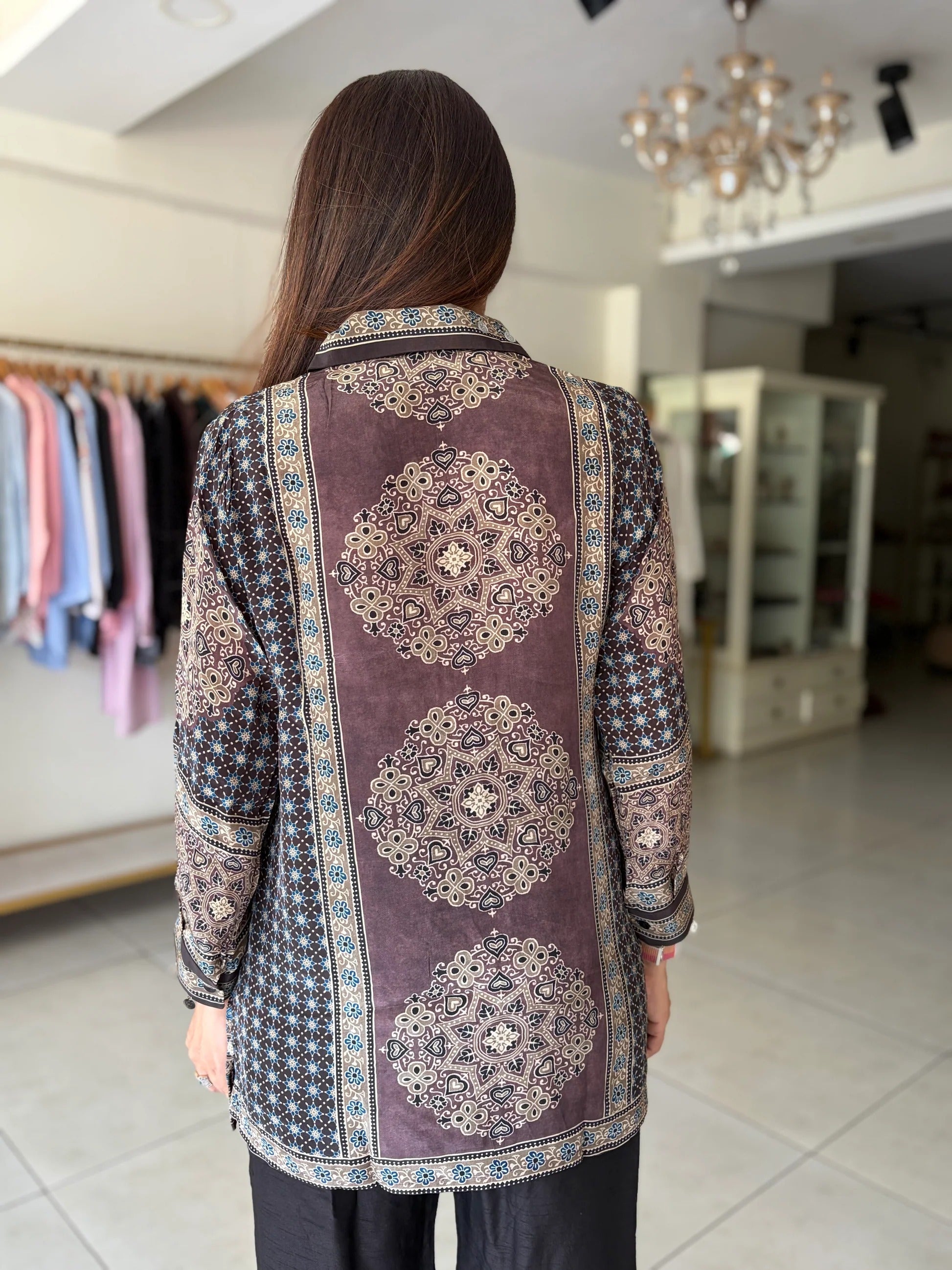 Hndcrafted Charms Detailing Pure Crepe Ajrak Shirt - COFFEE
