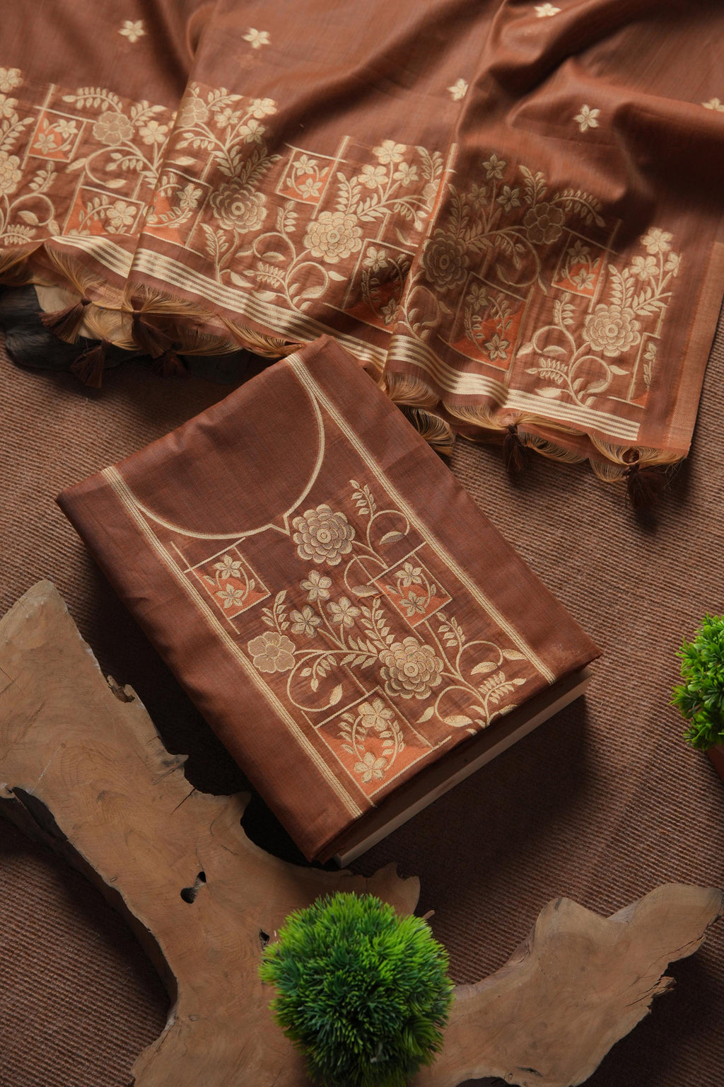 Muga Cotton Floral Pattern Unstitched Suit - Coffee