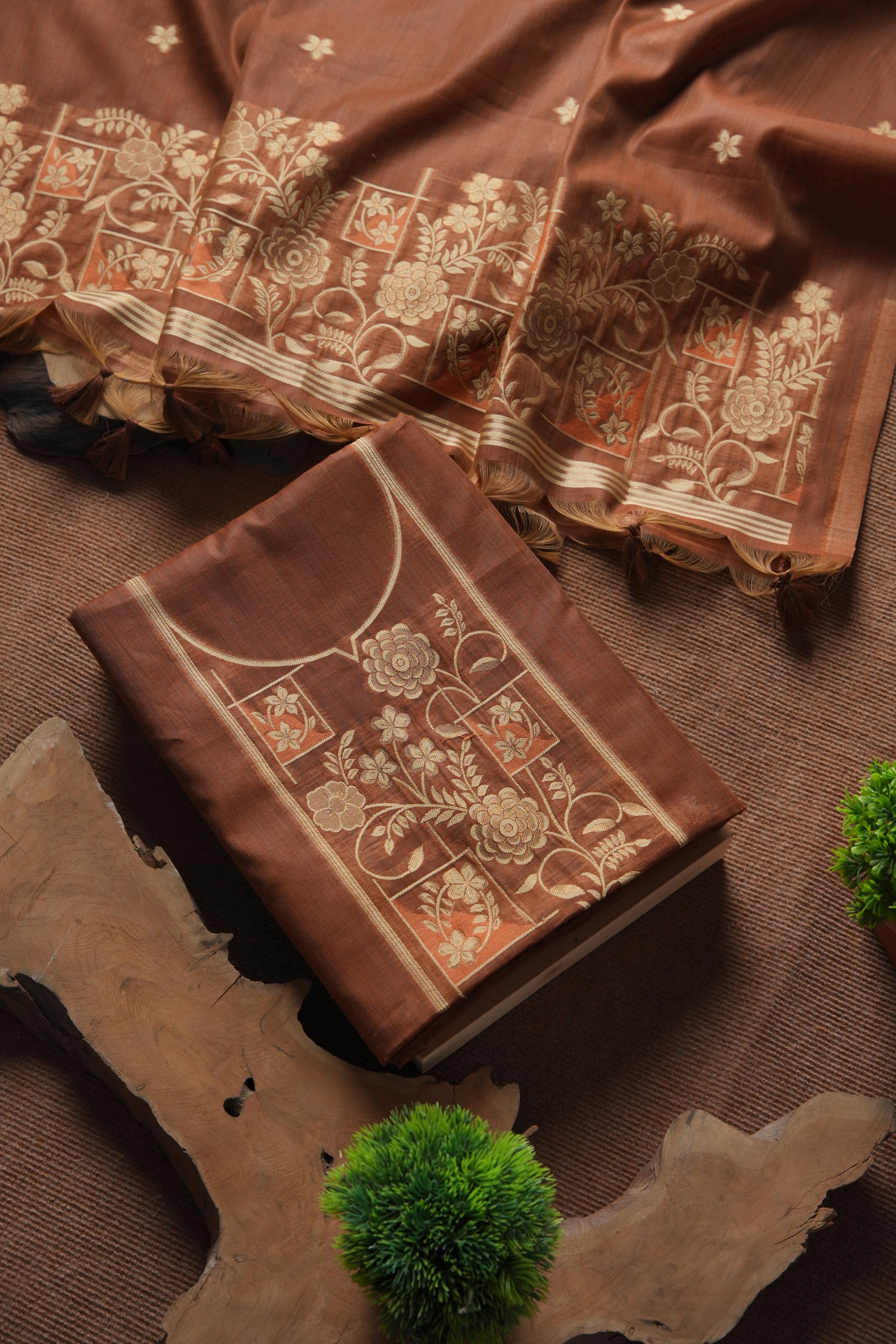 Muga Cotton Floral Pattern Unstitched Suit - Coffee