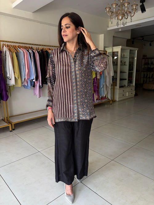 Hndcrafted Charms Detailing Pure Crepe Ajrak Shirt - COFFEE