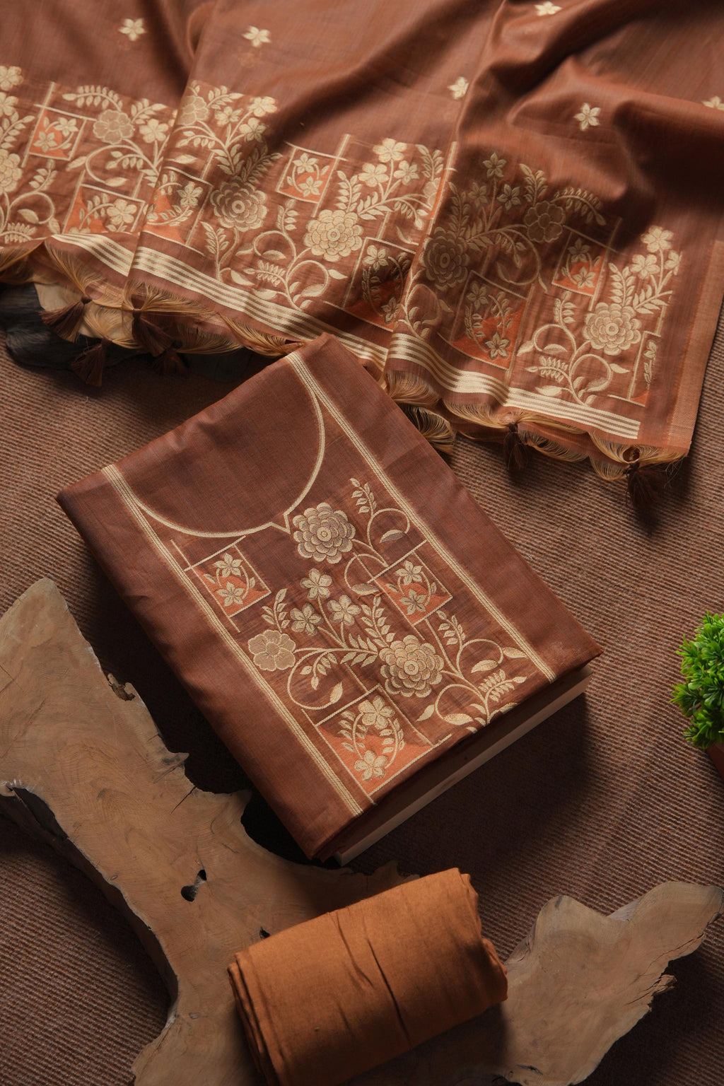 Muga Cotton Floral Pattern Unstitched Suit - Coffee