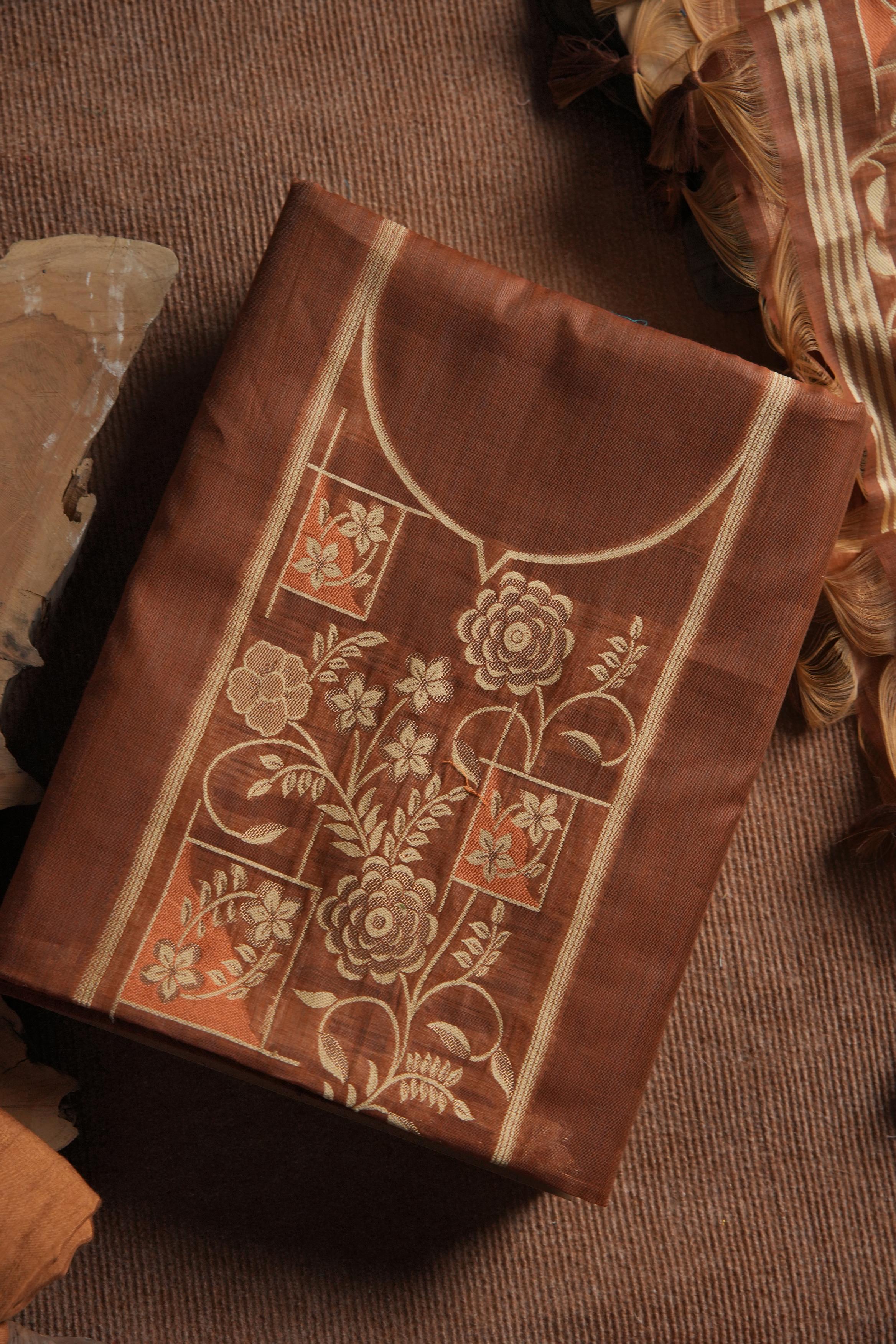 Muga Cotton Floral Pattern Unstitched Suit - Coffee