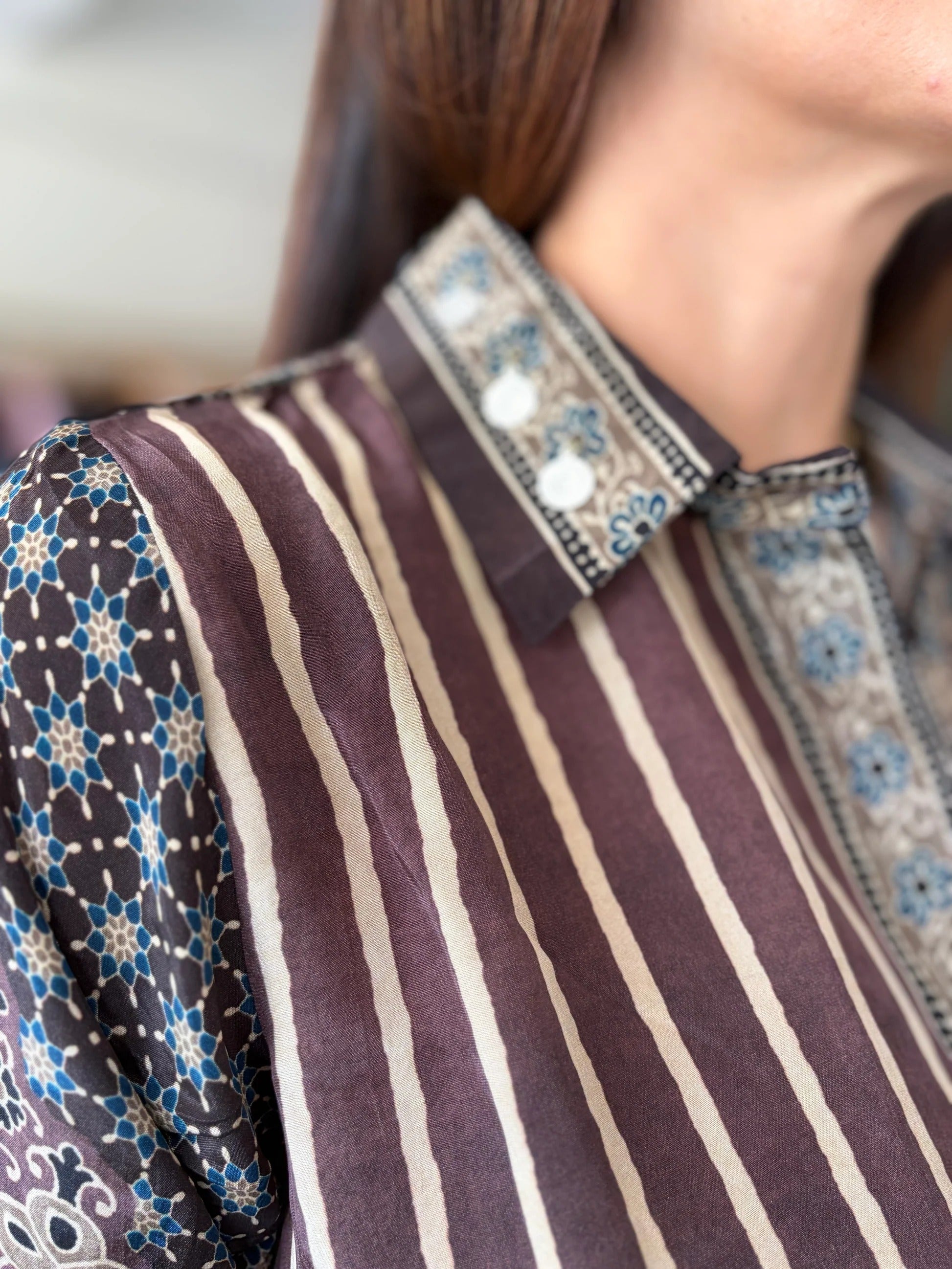 Hndcrafted Charms Detailing Pure Crepe Ajrak Shirt - COFFEE