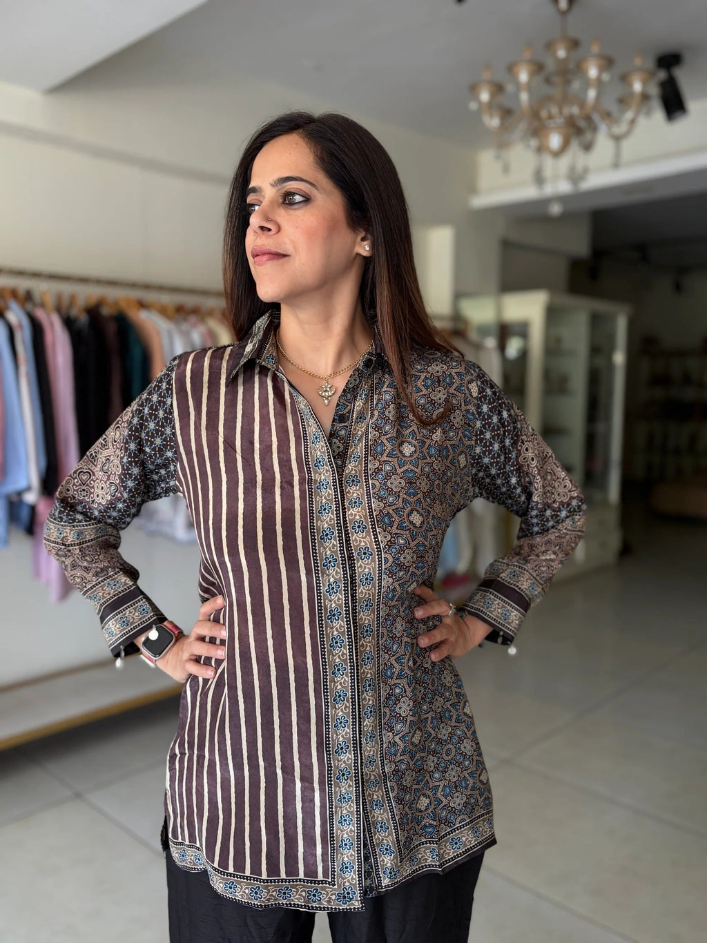 Hndcrafted Charms Detailing Pure Crepe Ajrak Shirt - COFFEE