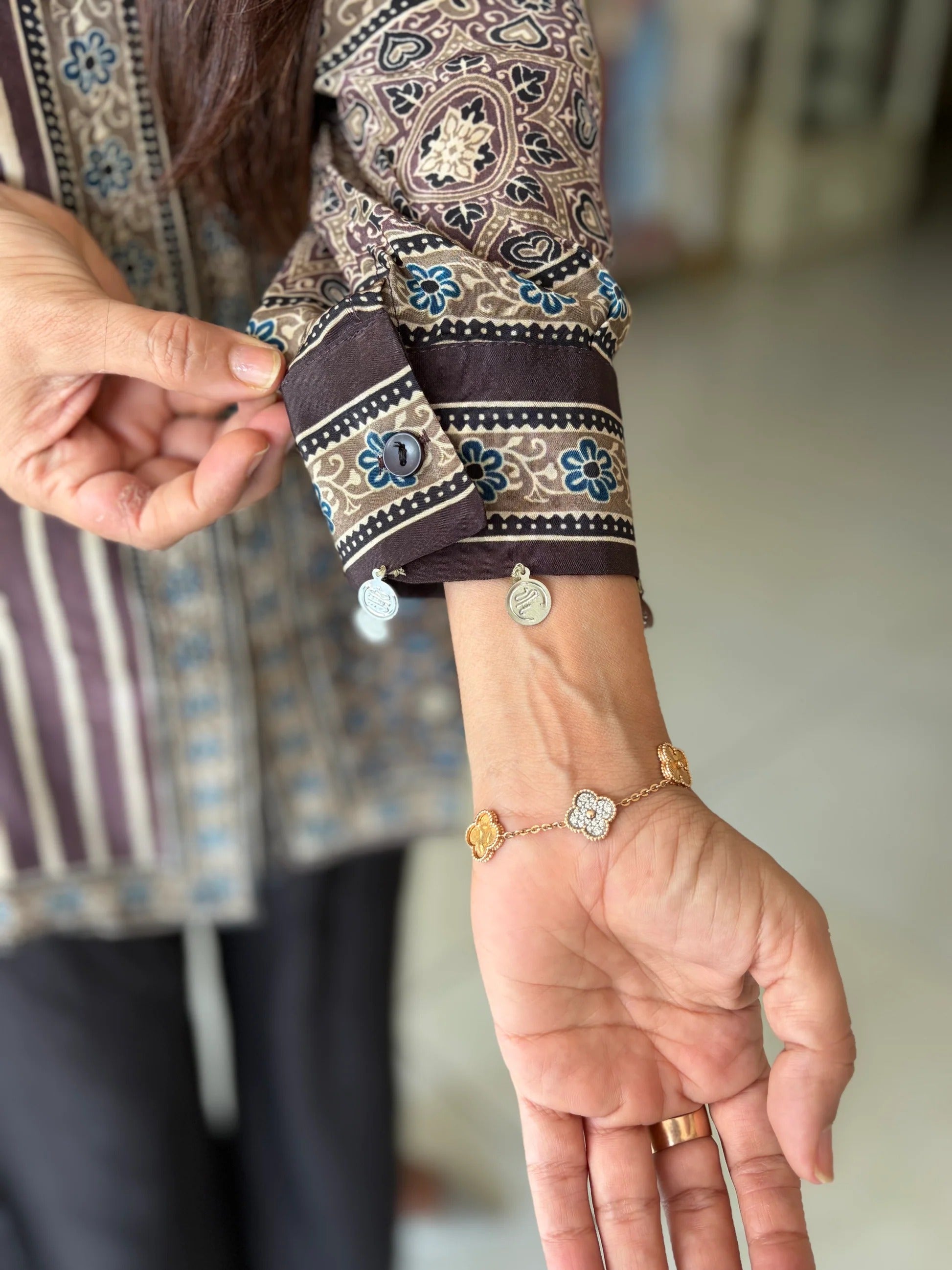 Hndcrafted Charms Detailing Pure Crepe Ajrak Shirt - COFFEE