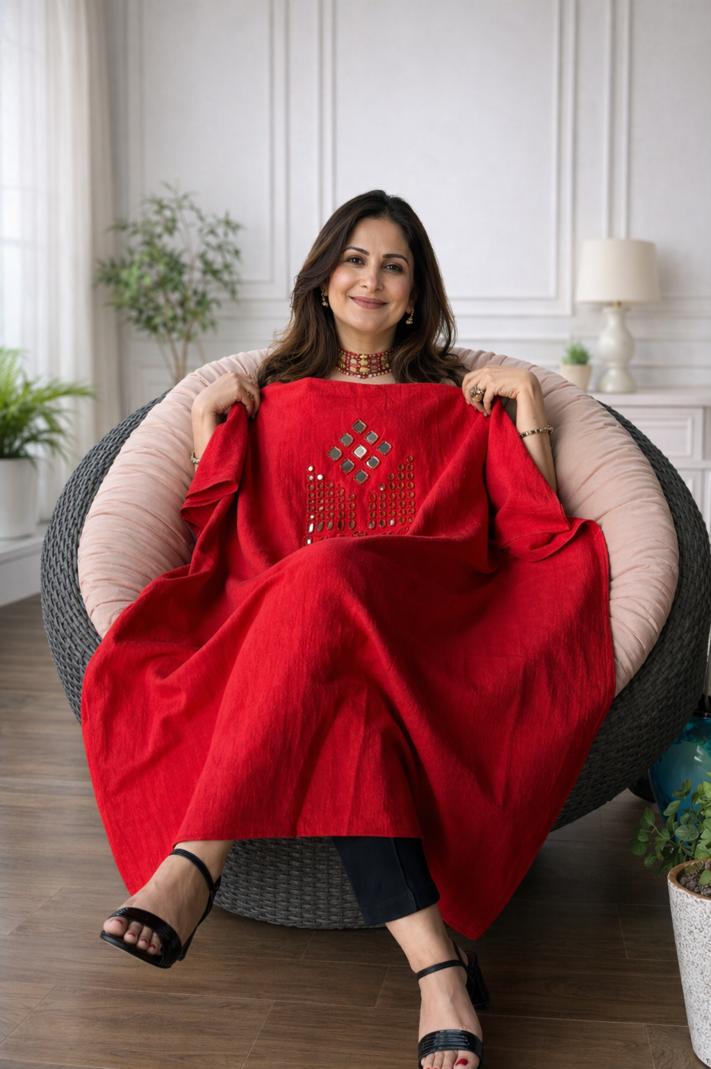 Mirror Work Kurta On Pure Cotton  - RED
