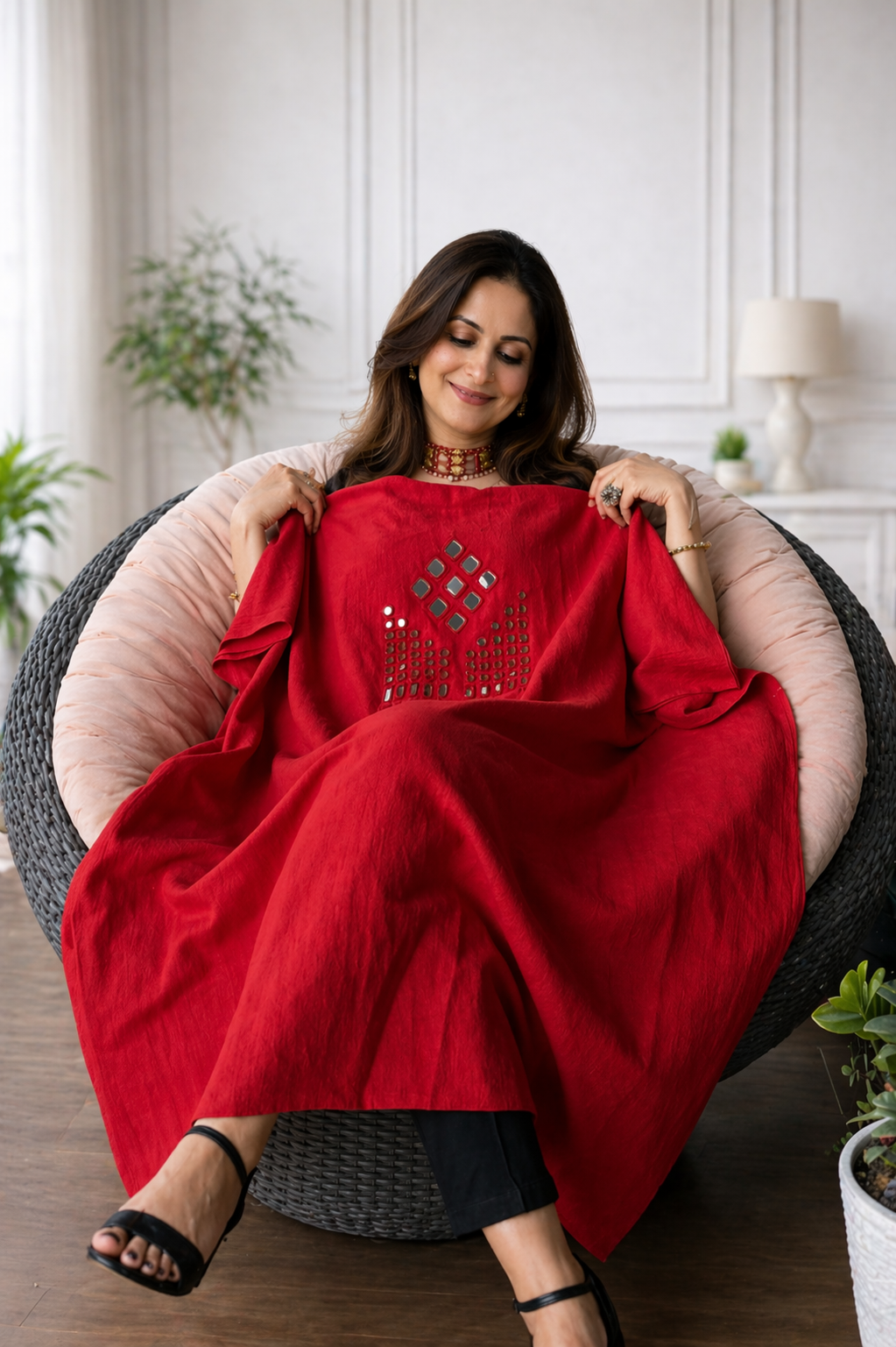 Mirror Work Kurta On Pure Cotton  - RED