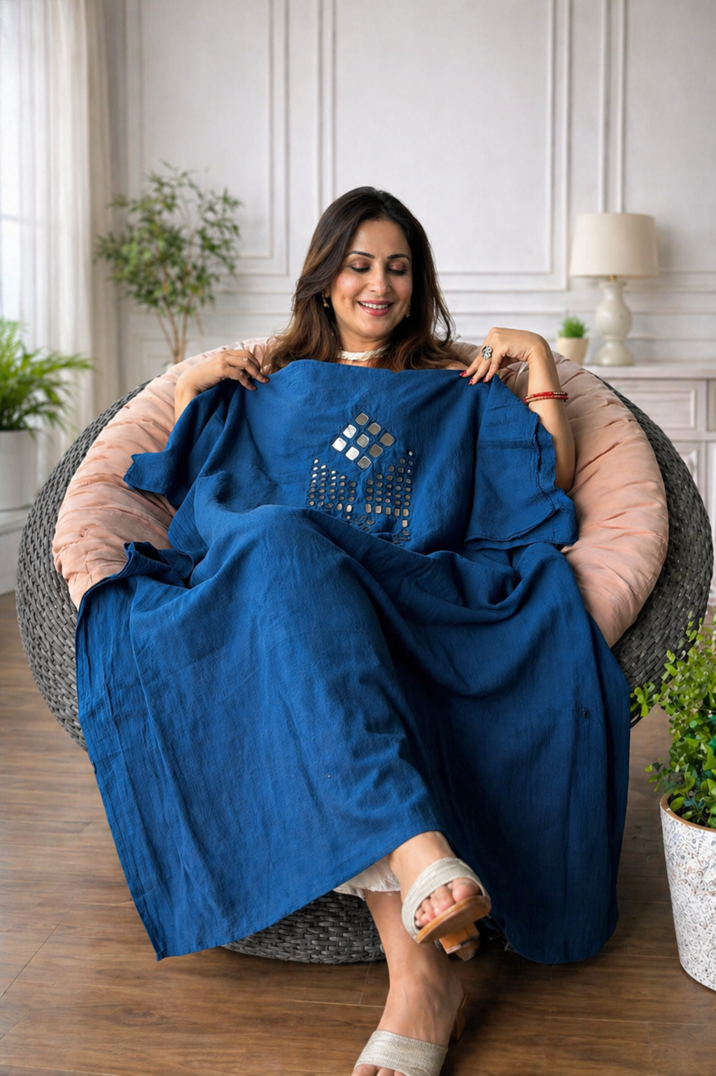 Mirror Work Kurta On Pure Cotton  - BLUE