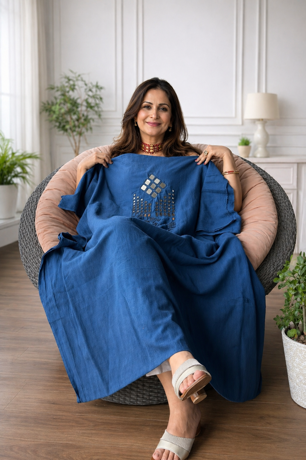 Mirror Work Kurta On Pure Cotton  - BLUE