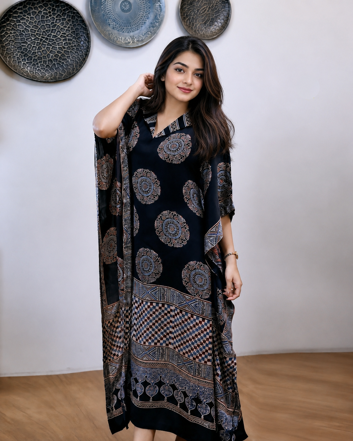 Pure Hand Ajrakh Modal Silk Kaftan with Folding Collar