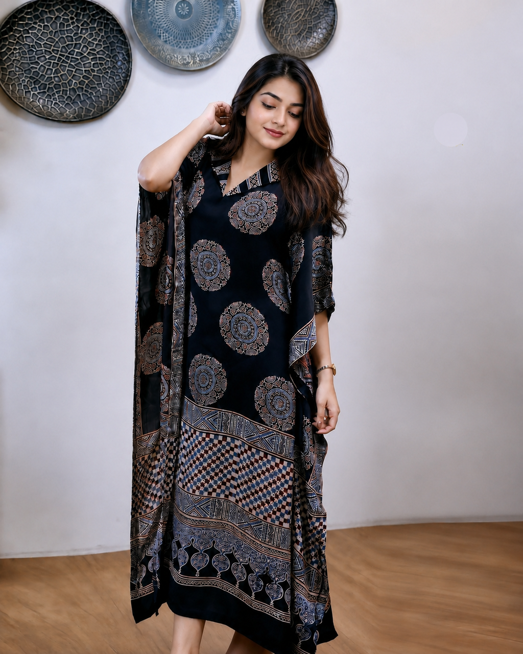 Pure Hand Ajrakh Modal Silk Kaftan with Folding Collar
