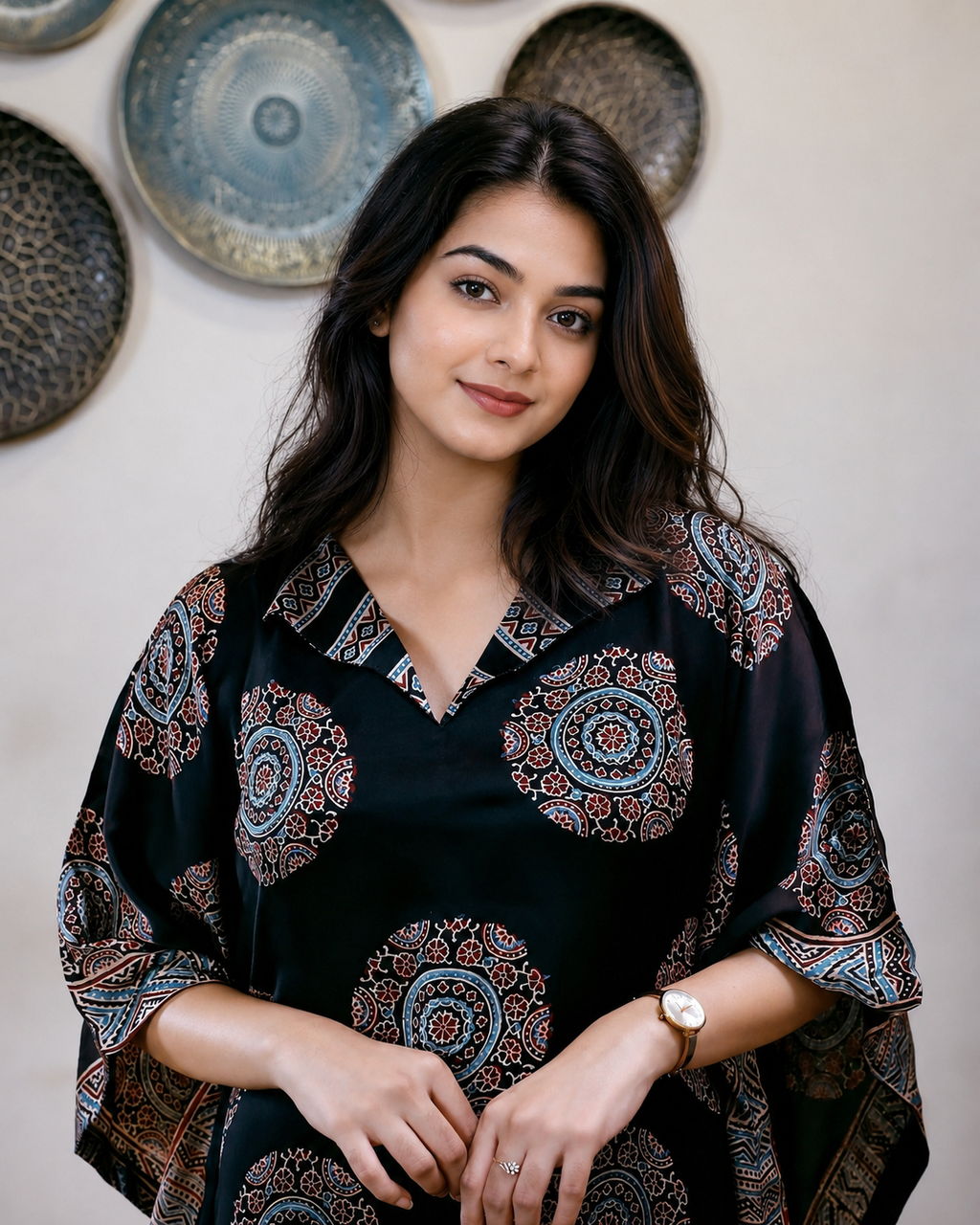 Pure Hand Ajrakh Modal Silk Kaftan with Folding Collar