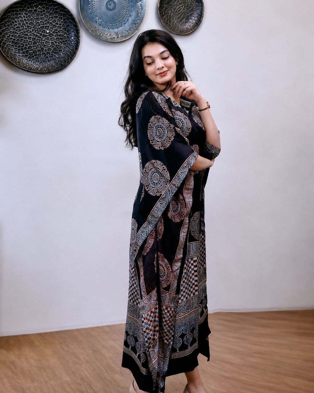 Pure Hand Ajrakh Modal Silk Kaftan with Folding Collar