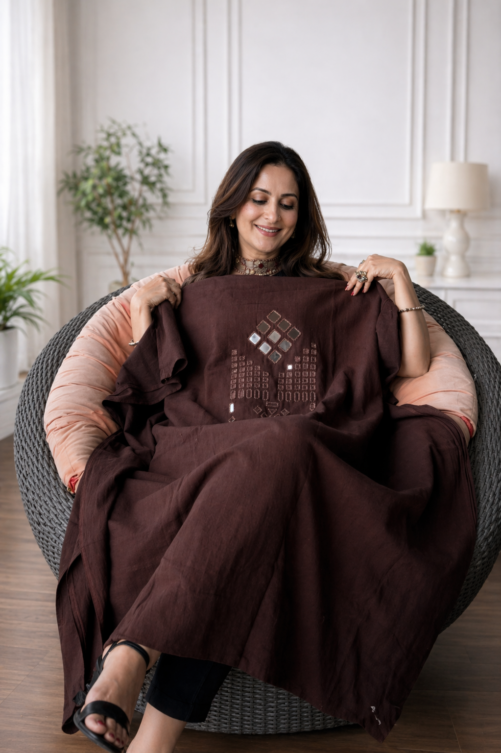 Mirror Work Kurta On Pure Cotton  - BROWN
