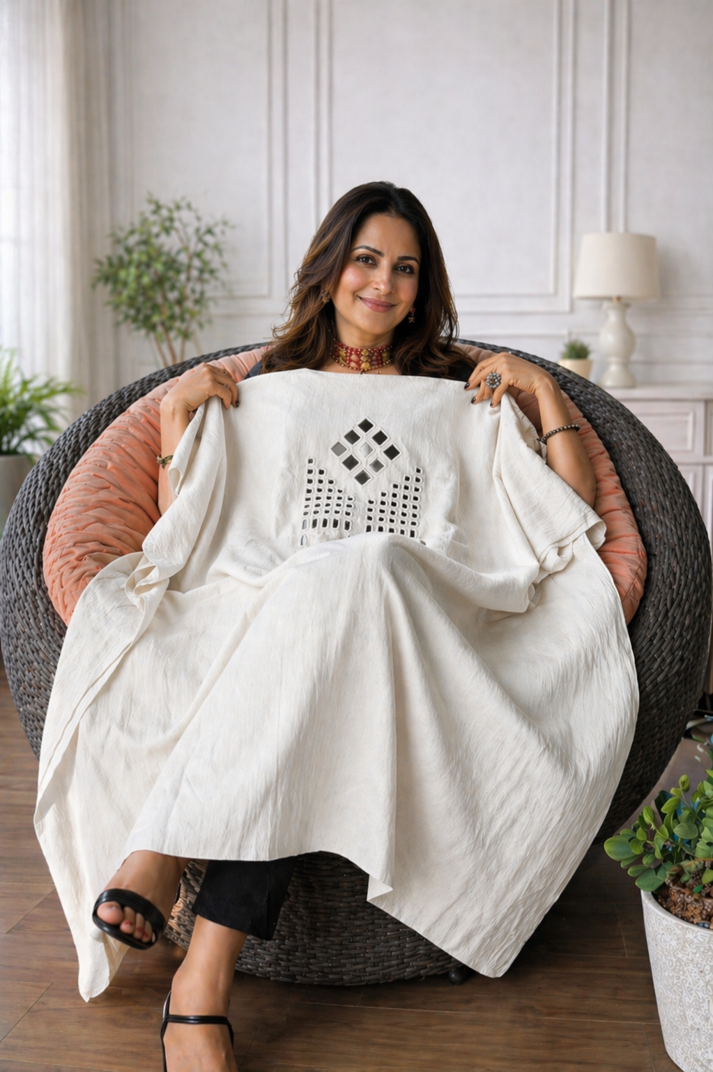 Mirror Work Kurta On Pure Cotton  - WHITE