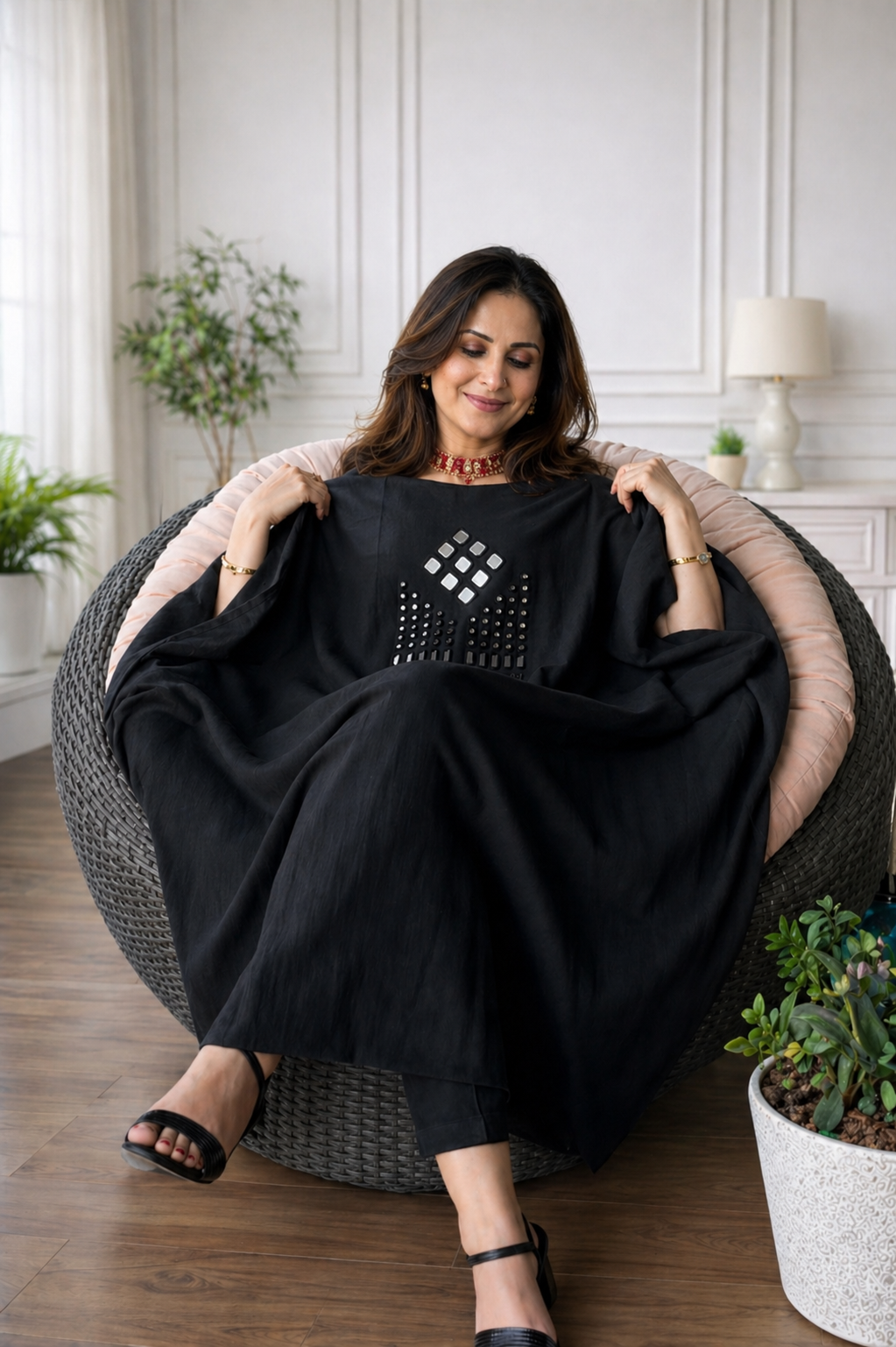 Mirror Work Kurta On Pure Cotton  - BLACK