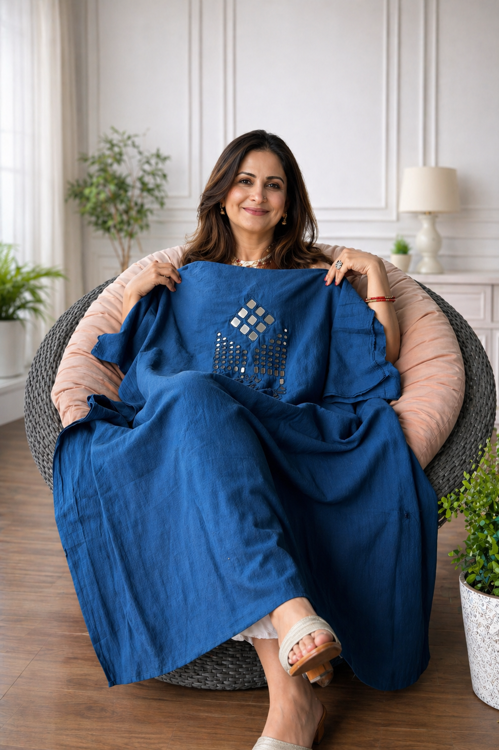 Mirror Work Kurta On Pure Cotton  - BLUE