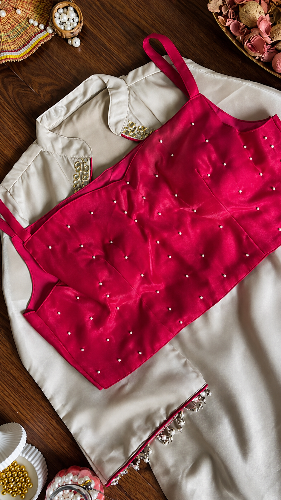 Royal Ivory & Fuchsia Mirror Embroidered Suit Set