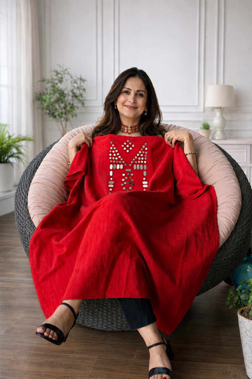 Mirror Work Kurta On Pure Cotton  - RED