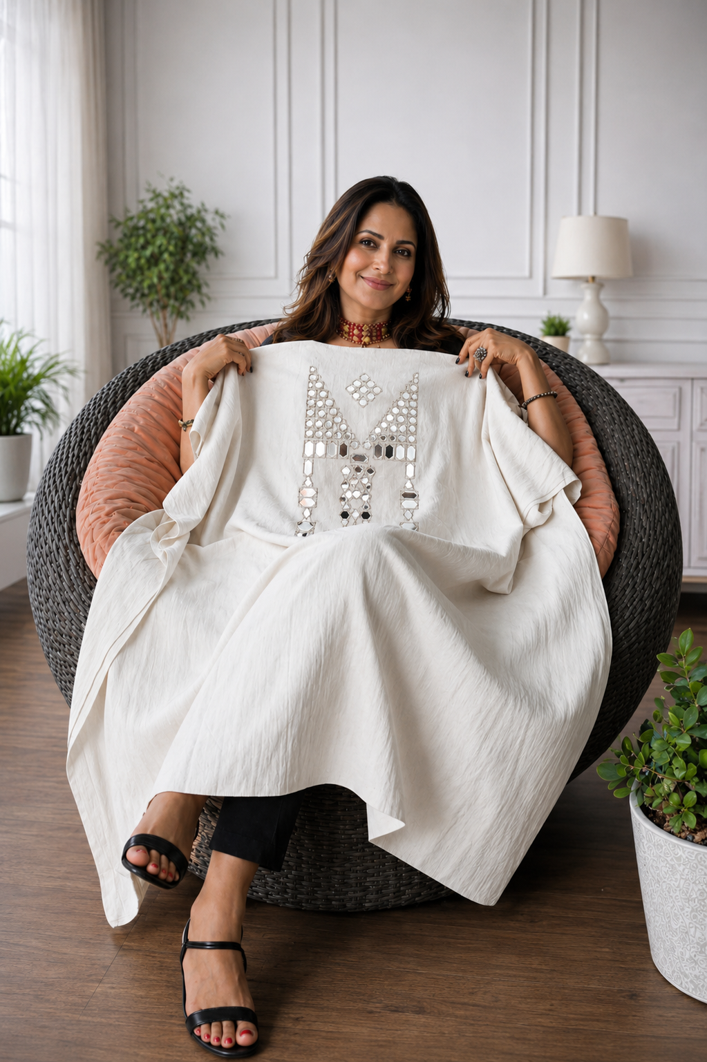 Mirror Work Kurta On Pure Cotton  - WHITE