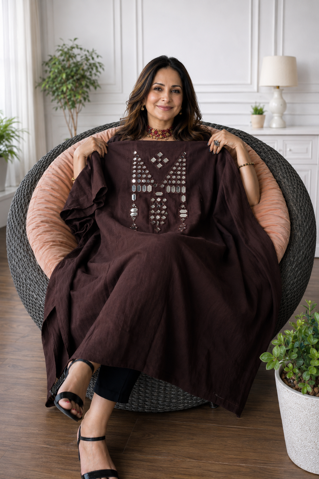 Mirror Work Kurta On Pure Cotton  - BROWN