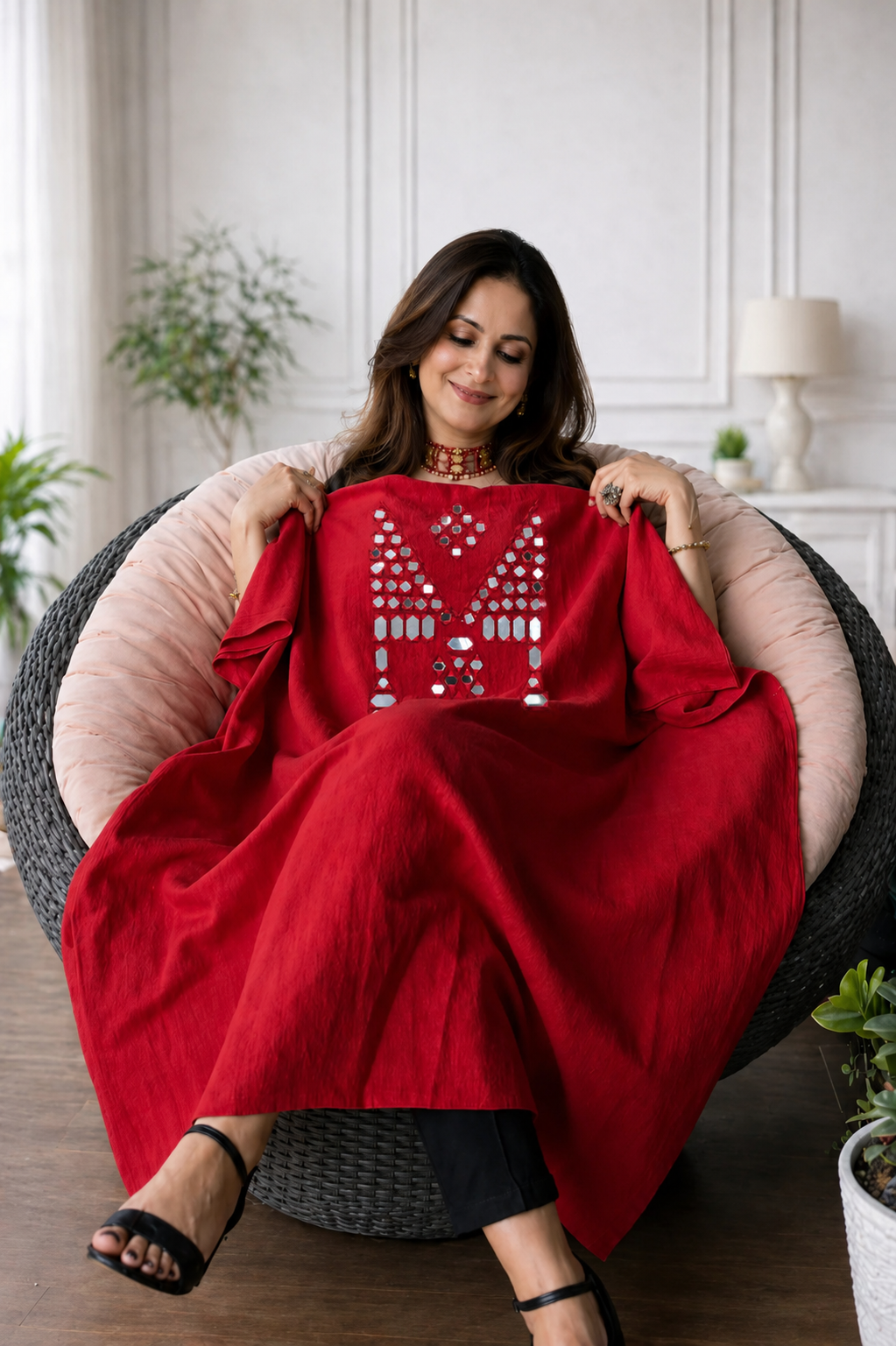 Mirror Work Kurta On Pure Cotton  - RED