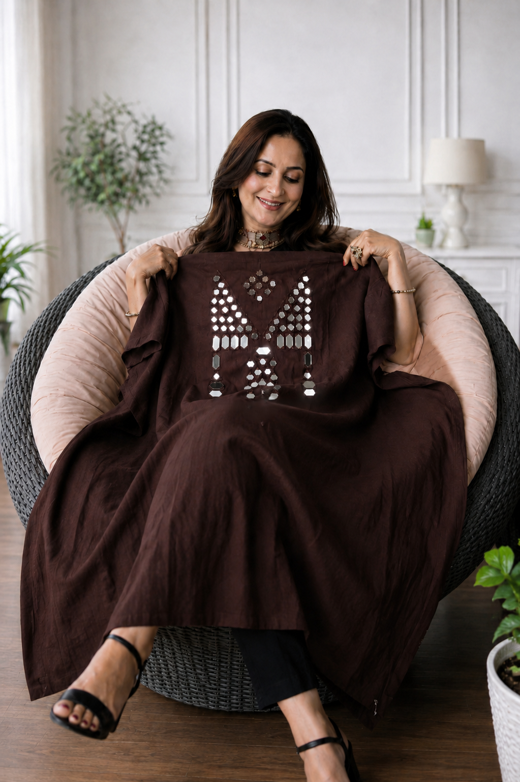 Mirror Work Kurta On Pure Cotton  - BROWN