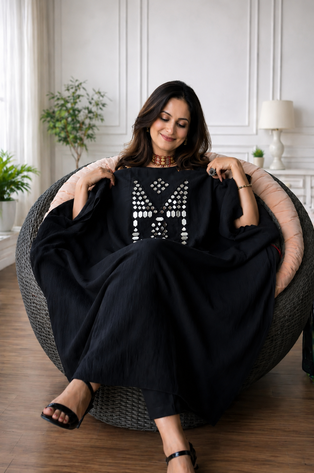 Mirror Work Kurta On Pure Cotton  - BLACK