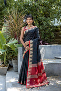 Tussar Raw Silk Weaving Saree - BLACK