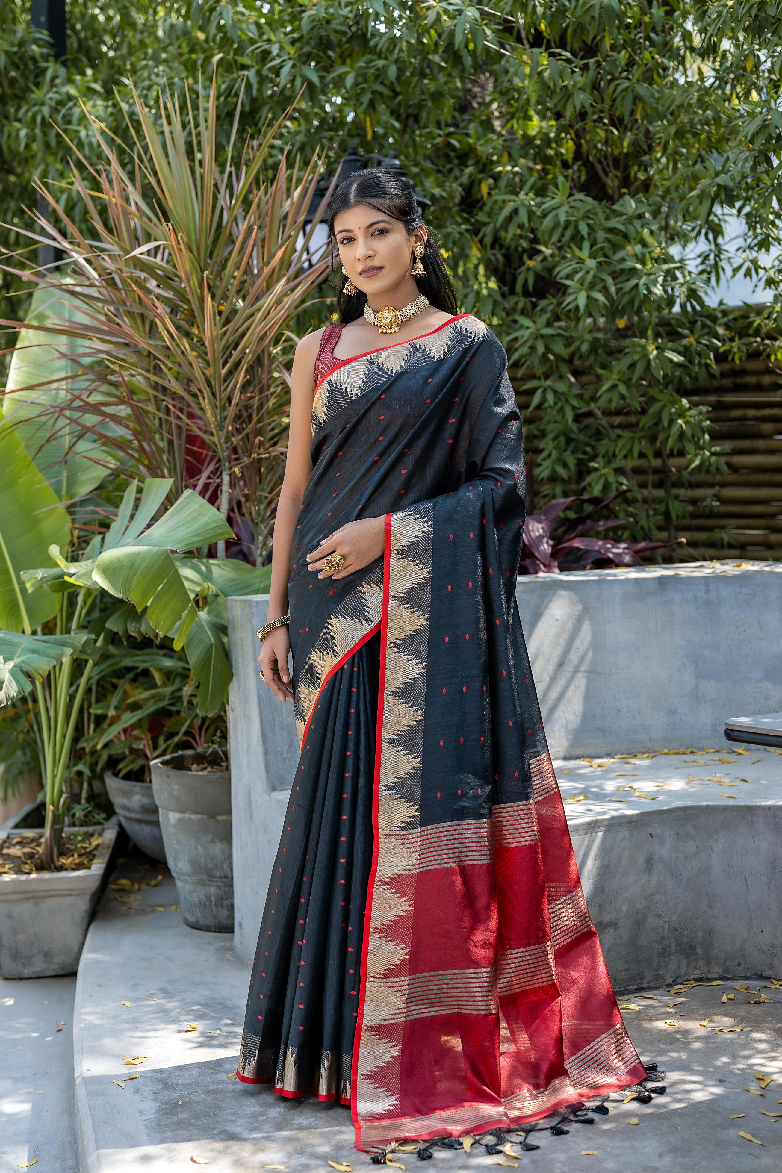 Tussar Raw Silk Weaving Saree - BLACK