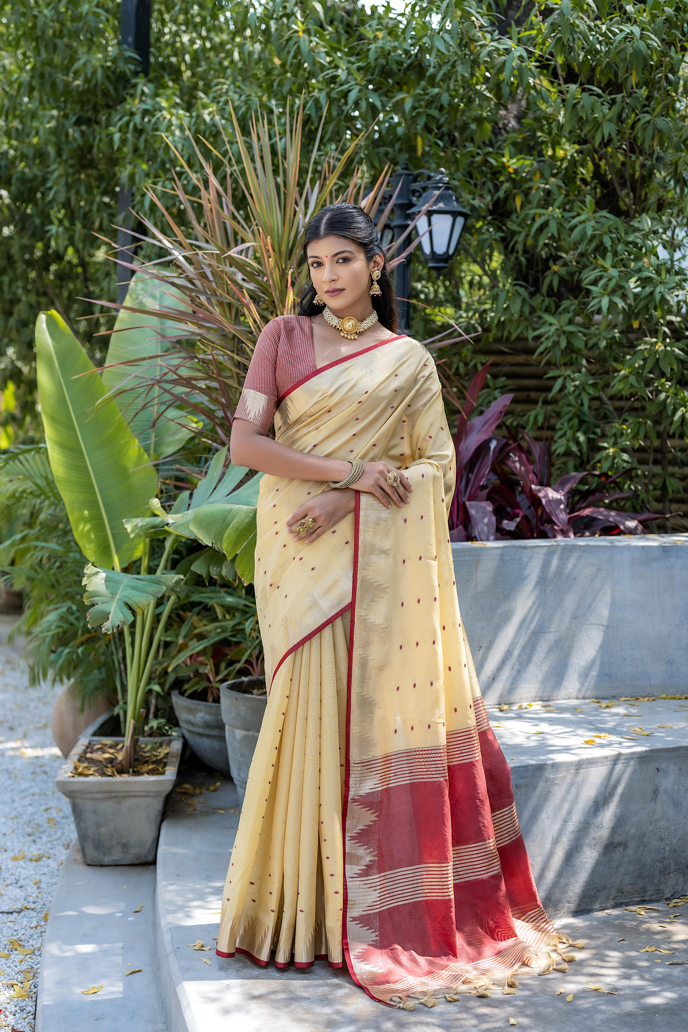 Tussar Raw Silk Weaving Saree - CHIKU