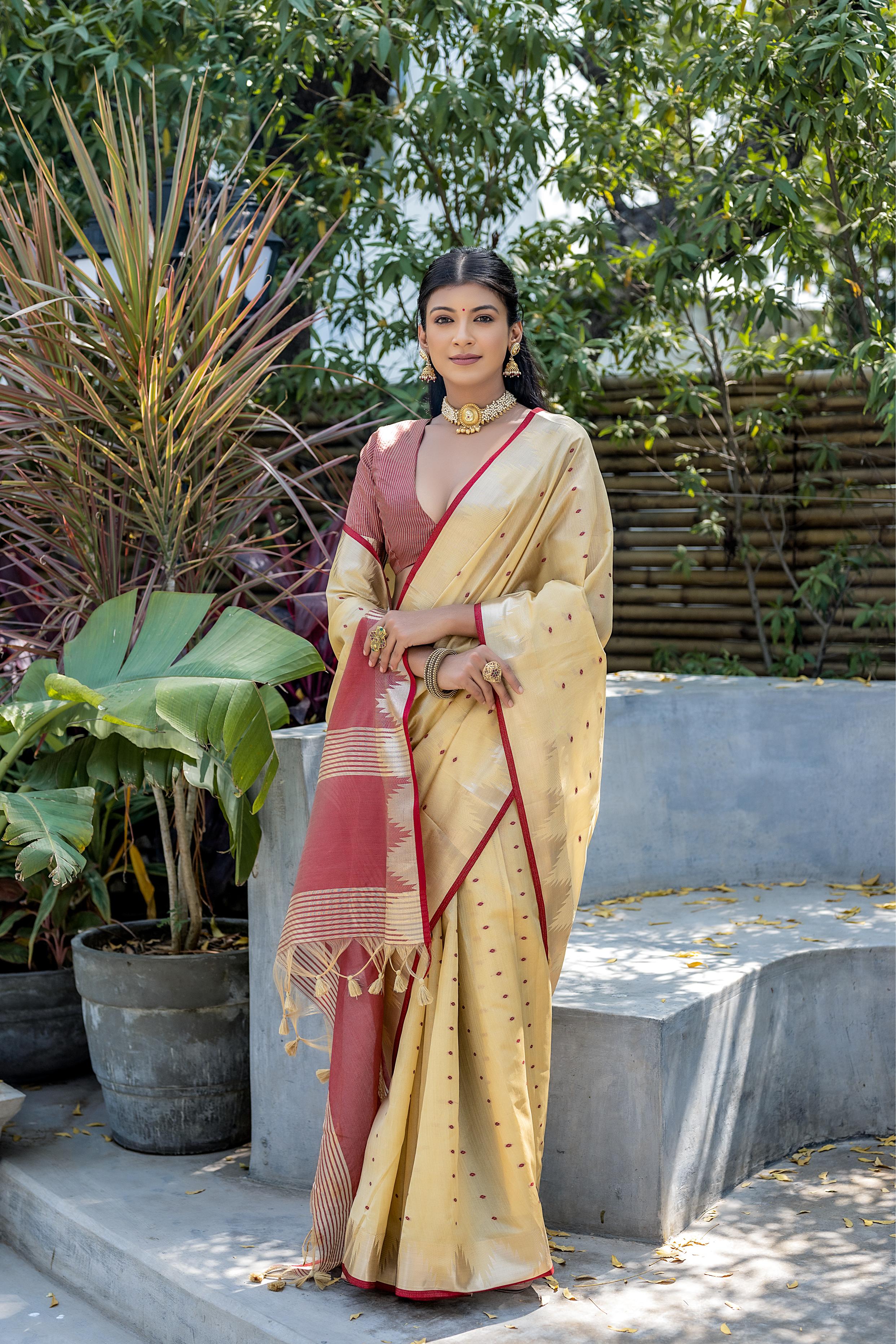 Tussar Raw Silk Weaving Saree - CHIKU