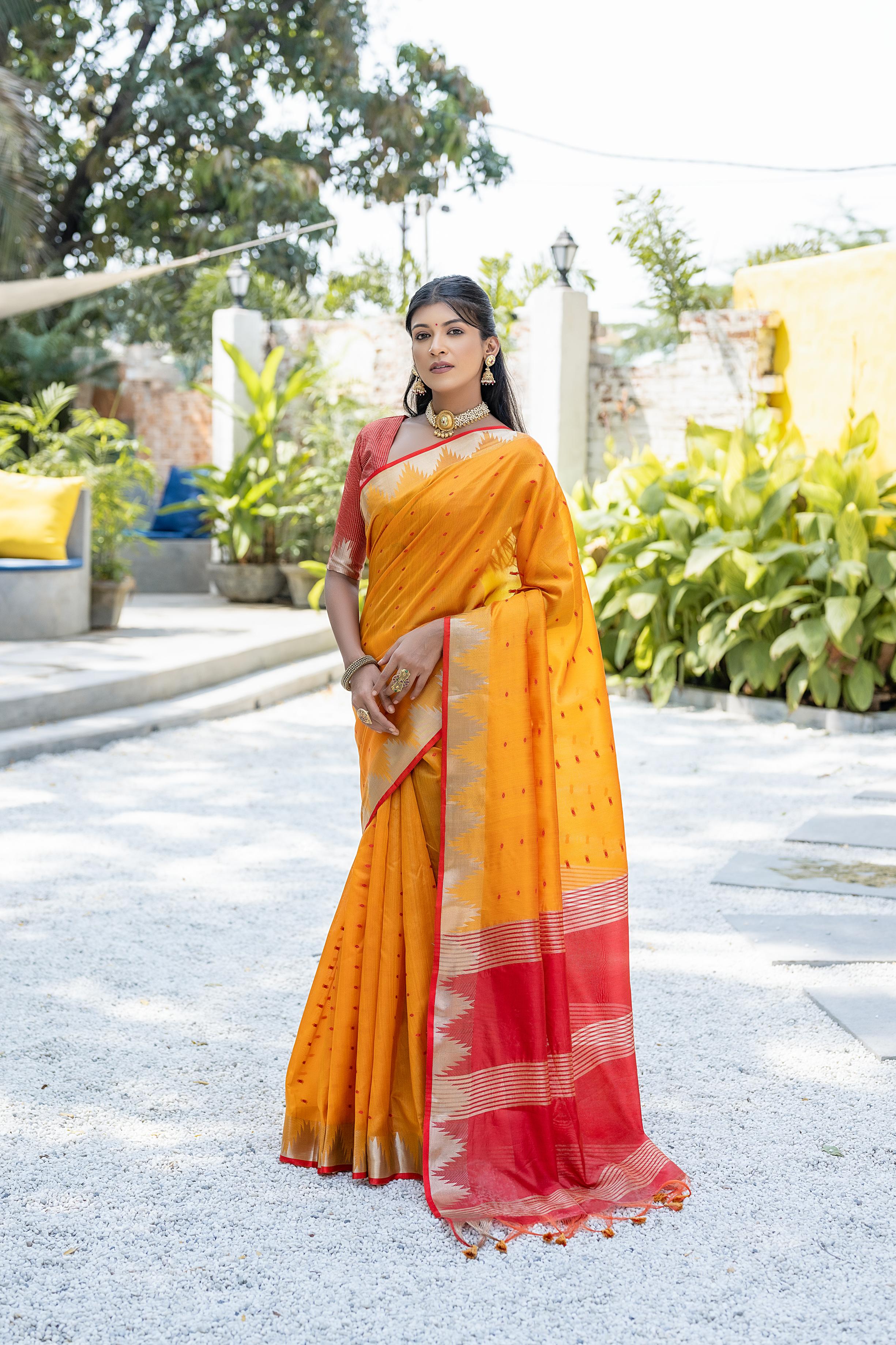 Tussar Raw Silk Weaving Saree - ORANGE