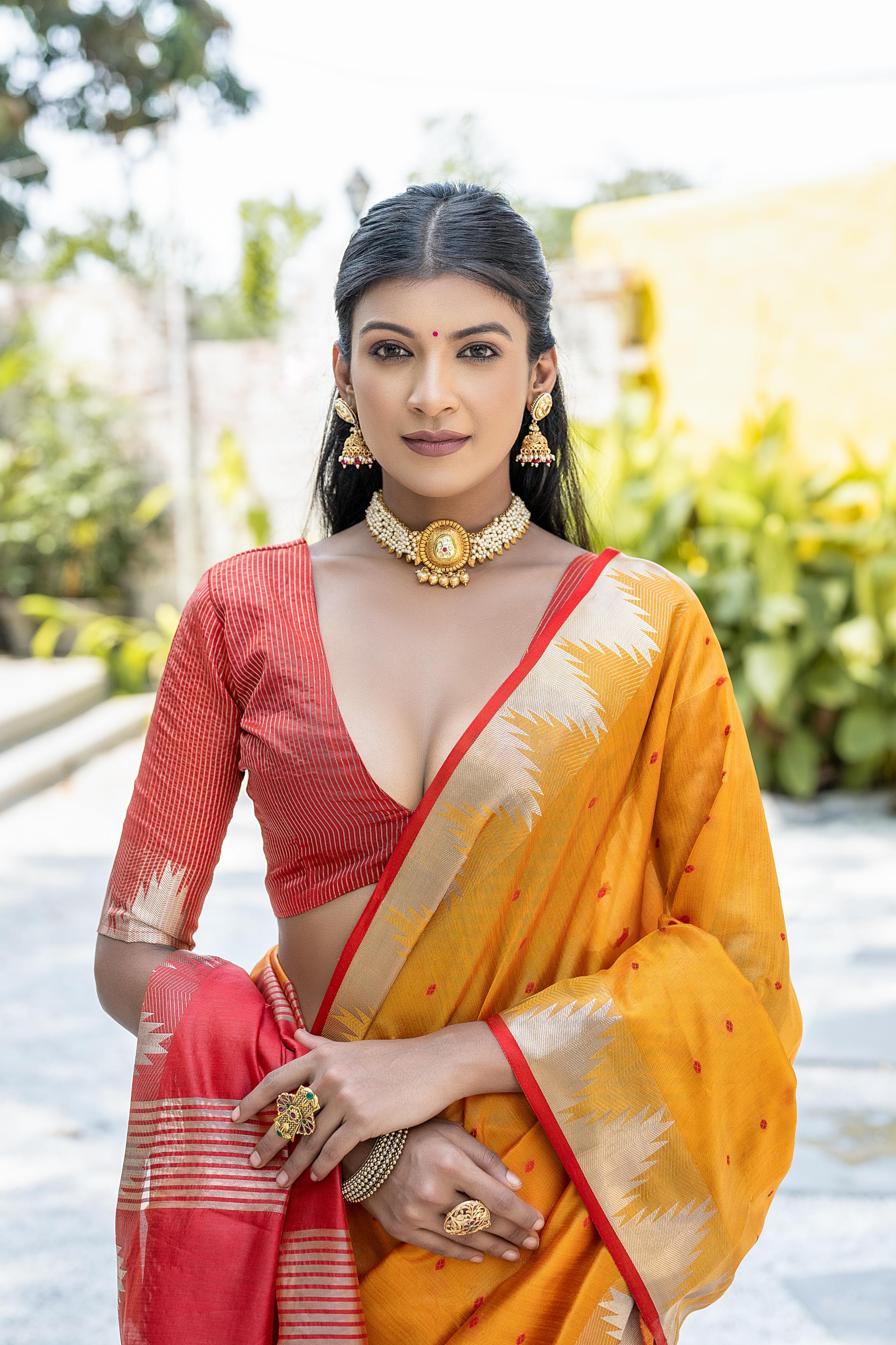 Tussar Raw Silk Weaving Saree - ORANGE