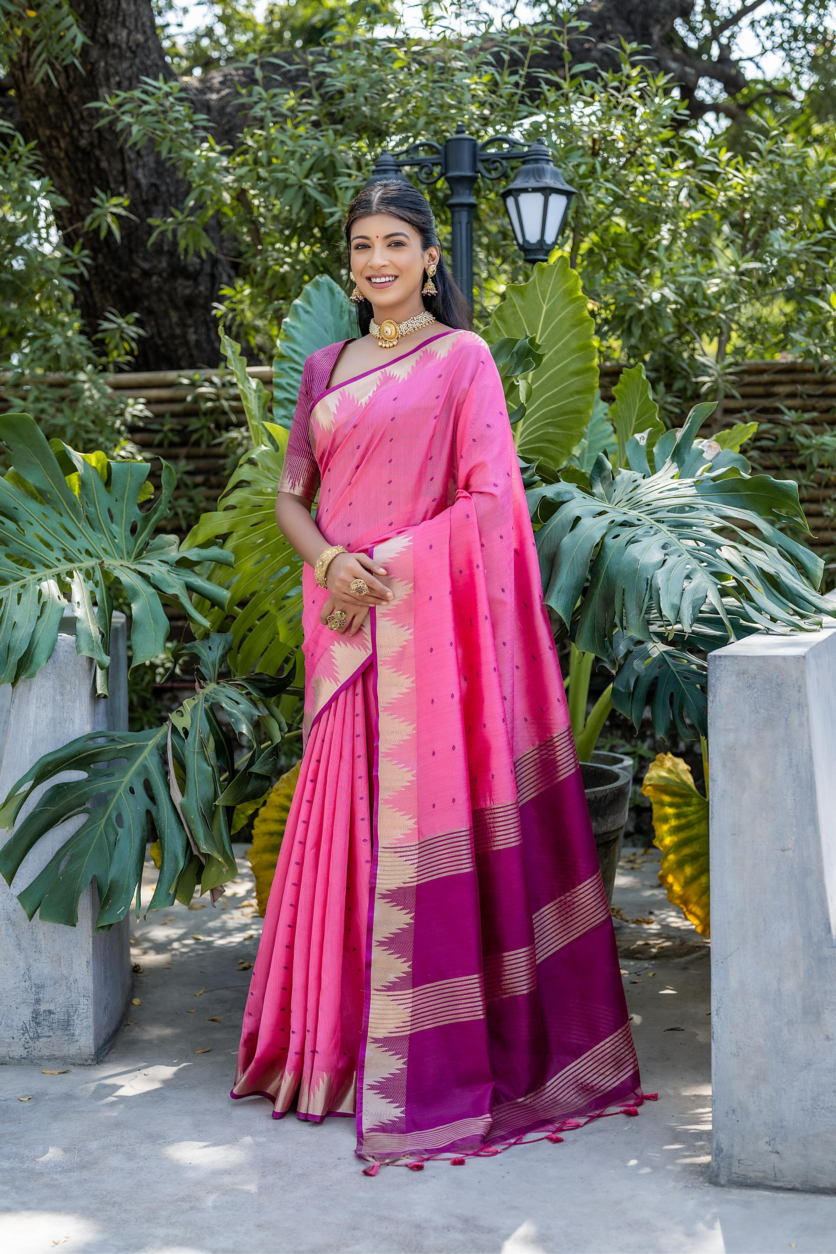 Tussar Raw Silk Weaving Saree - PINK
