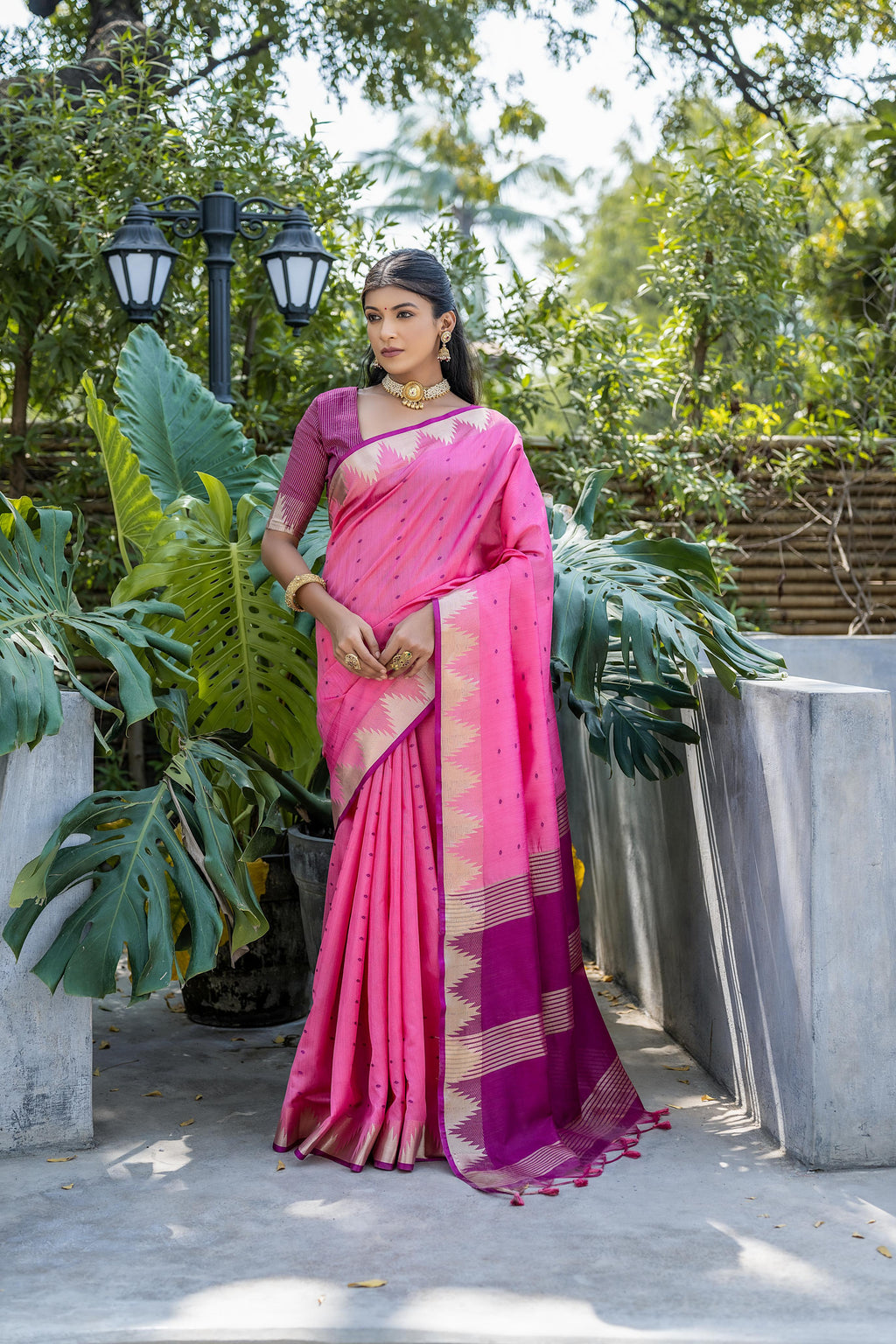 Tussar Raw Silk Weaving Saree - PINK