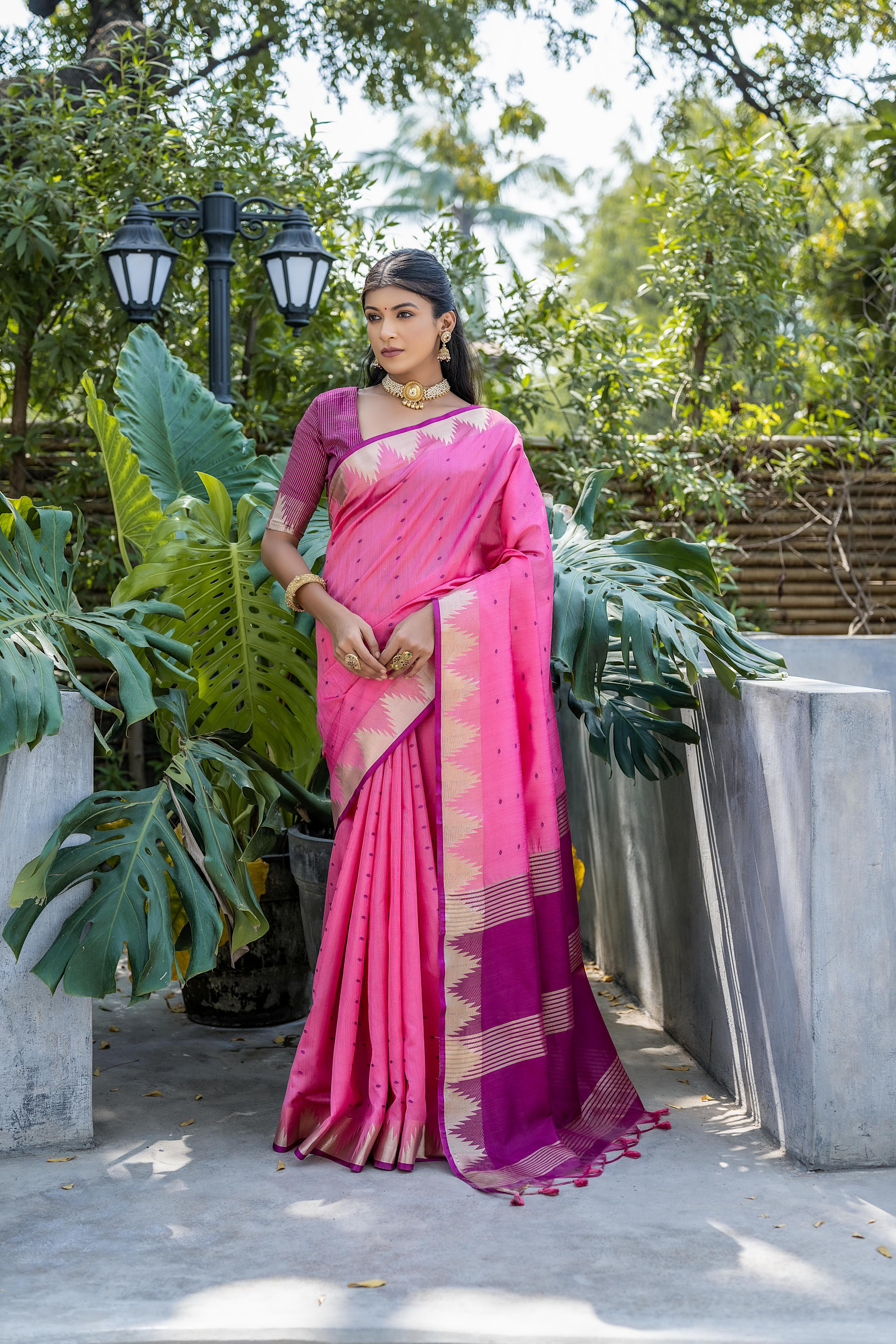 Tussar Raw Silk Weaving Saree - PINK
