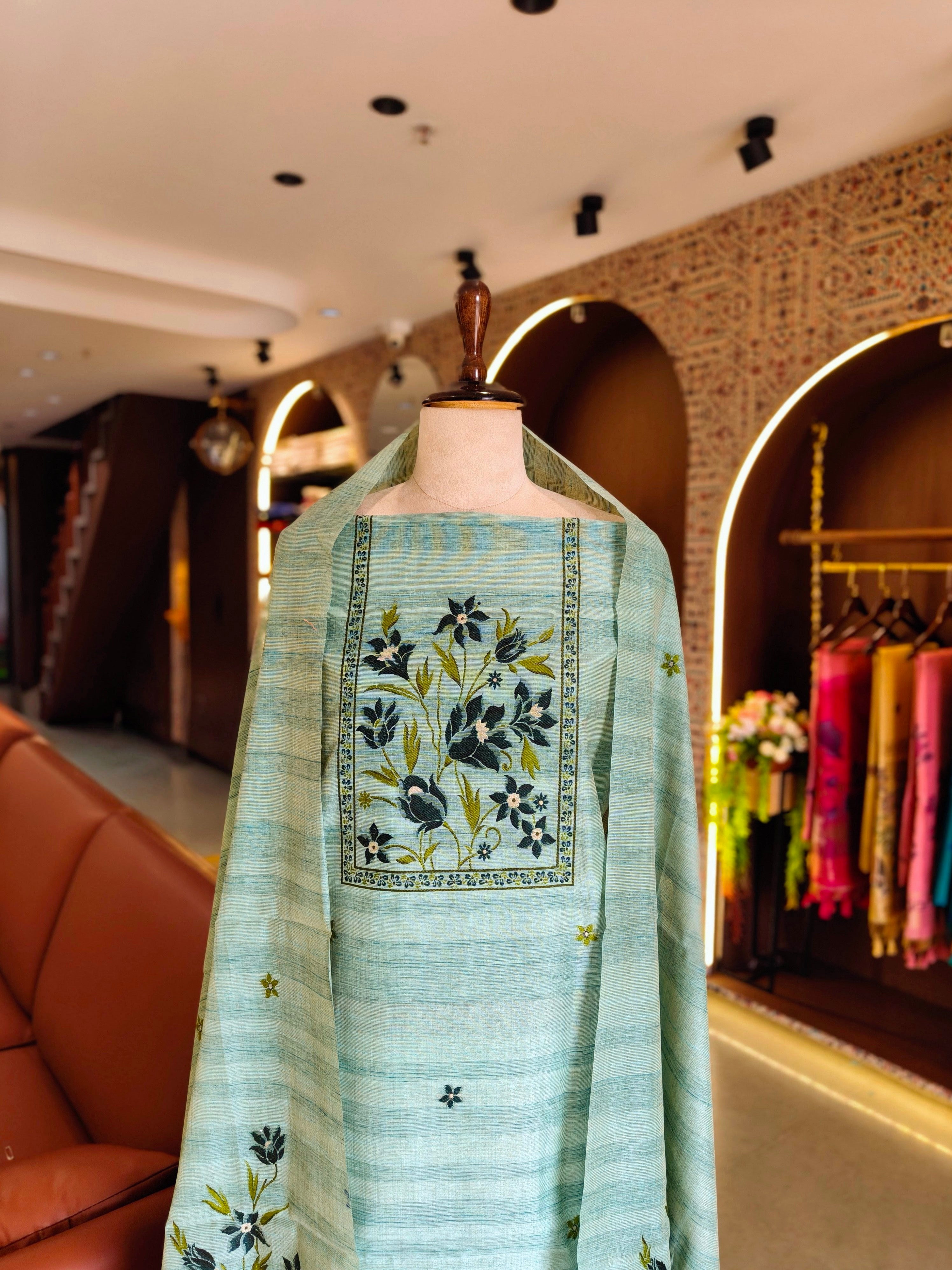 Gicha Cotton Floral Unstitched Suit- Firozi