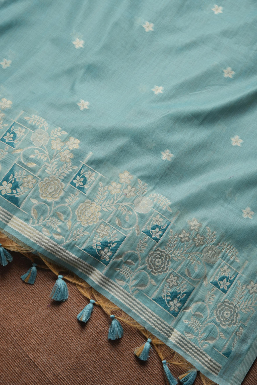 Muga Cotton Floral Pattern Unstitched Suit - Firozi