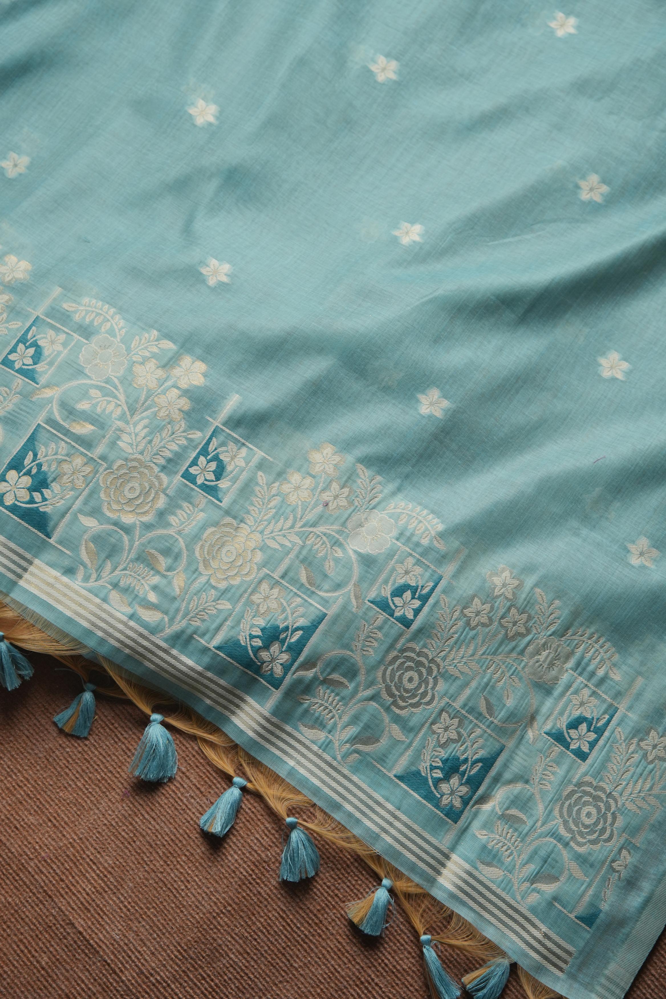 Muga Cotton Floral Pattern Unstitched Suit - Firozi