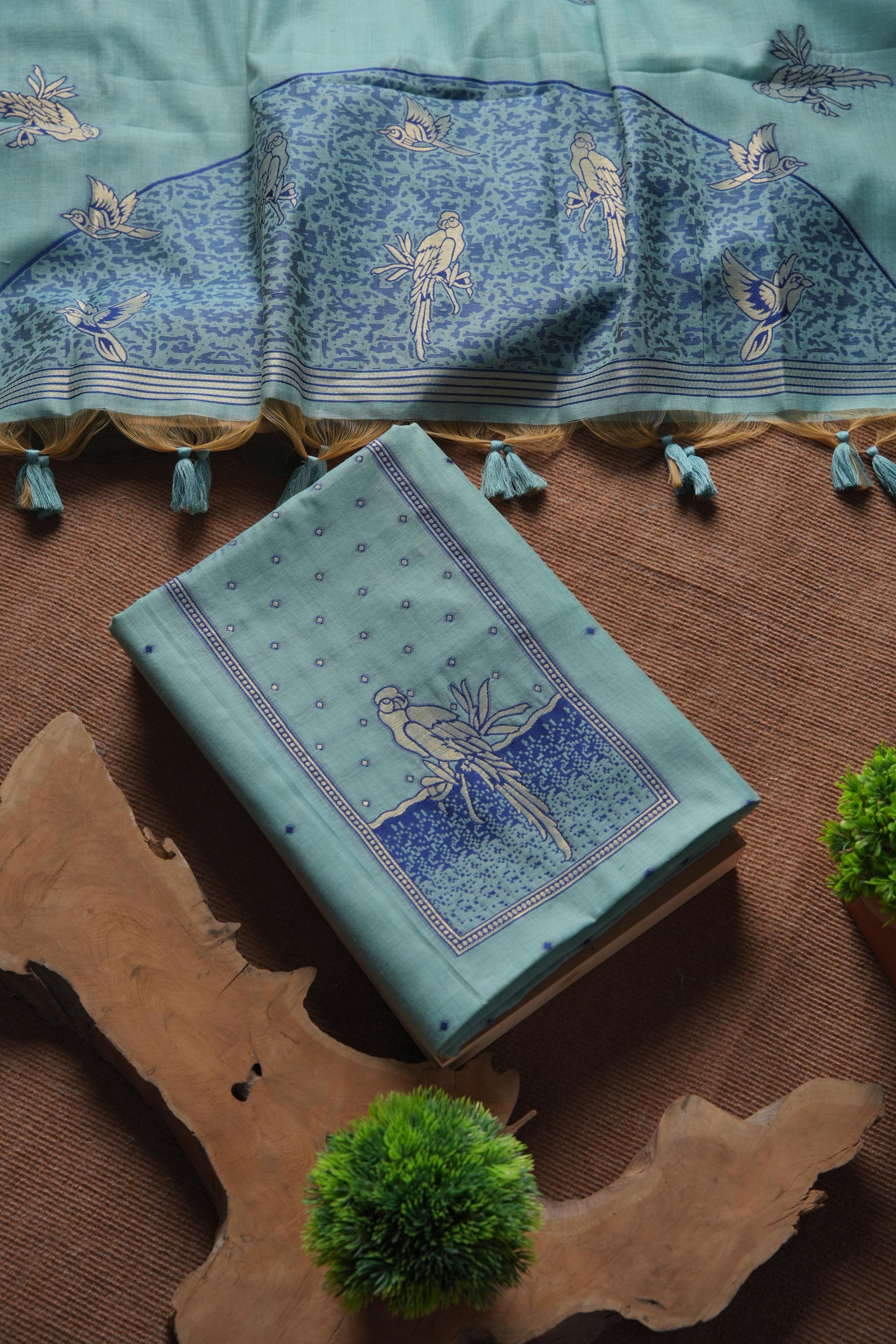 Muga Cotton Parrot Motif Unstitched Suit-Firozi