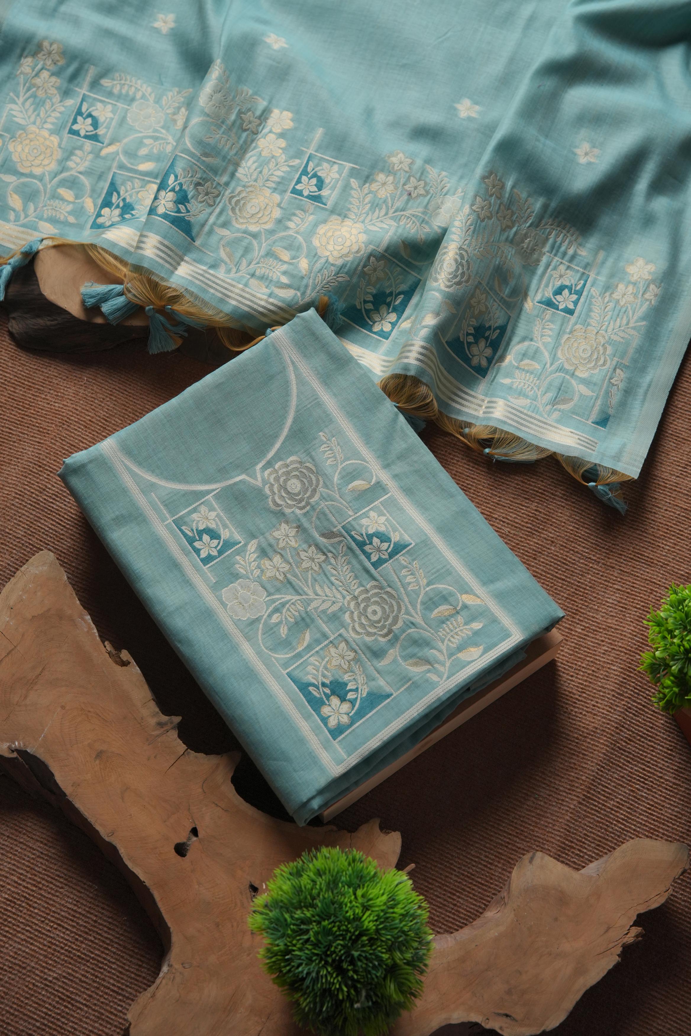 Muga Cotton Floral Pattern Unstitched Suit - Firozi