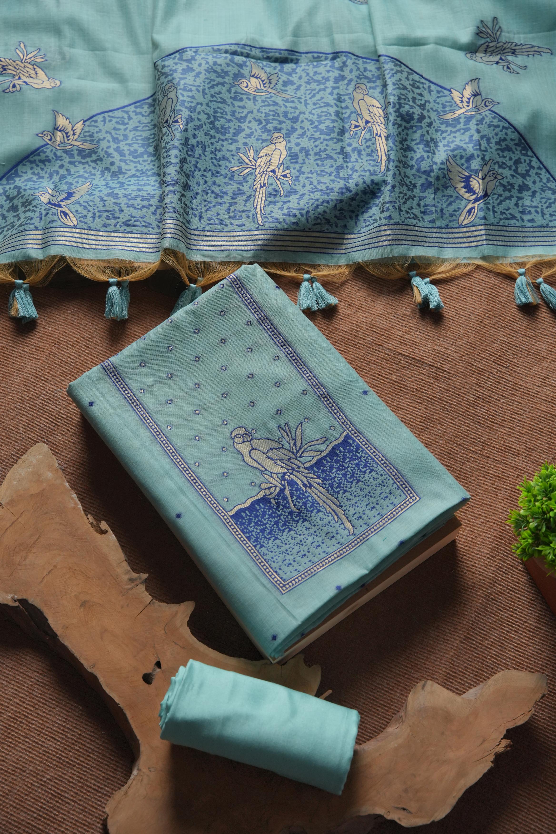 Muga Cotton Parrot Motif Unstitched Suit-Firozi