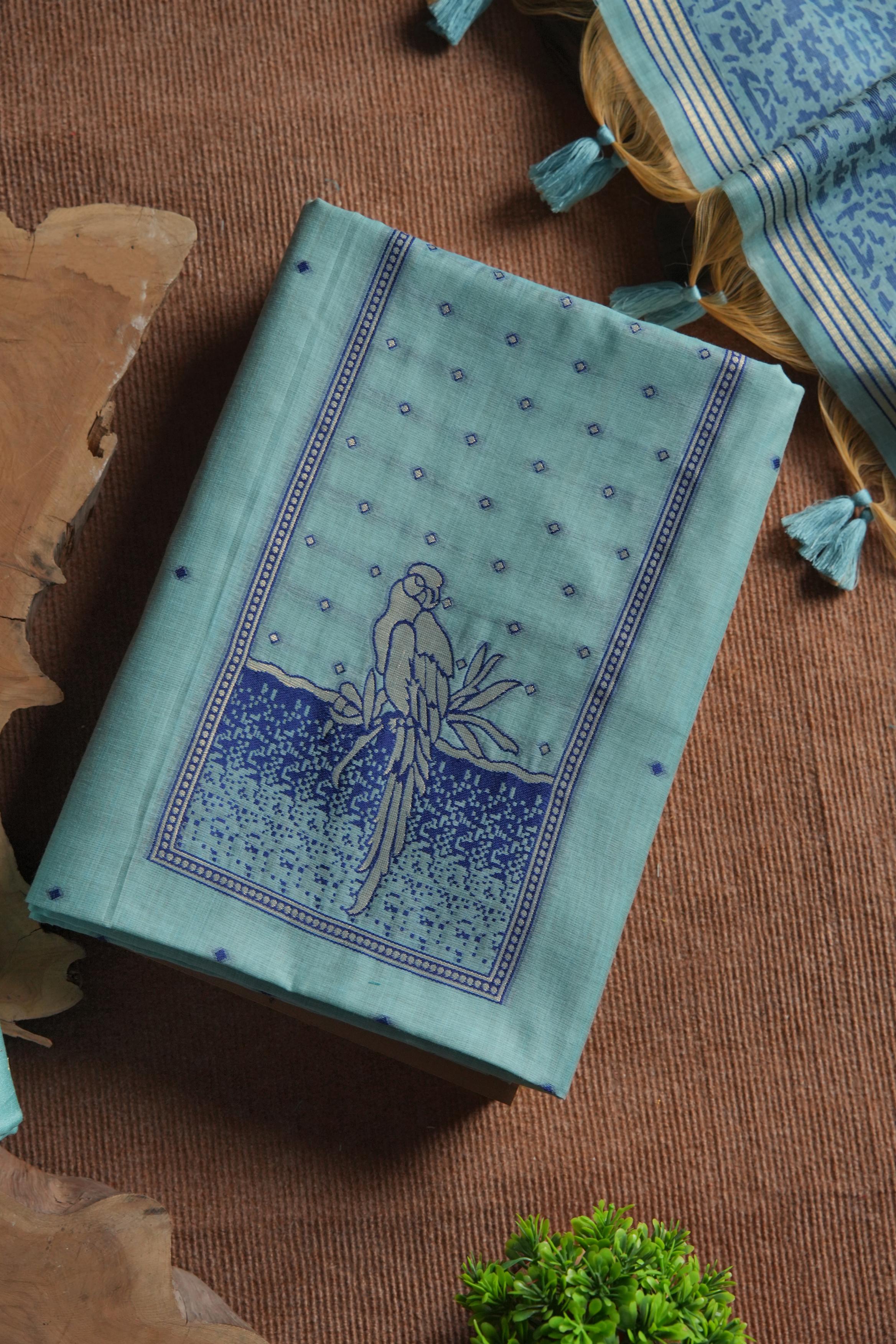 Muga Cotton Parrot Motif Unstitched Suit-Firozi