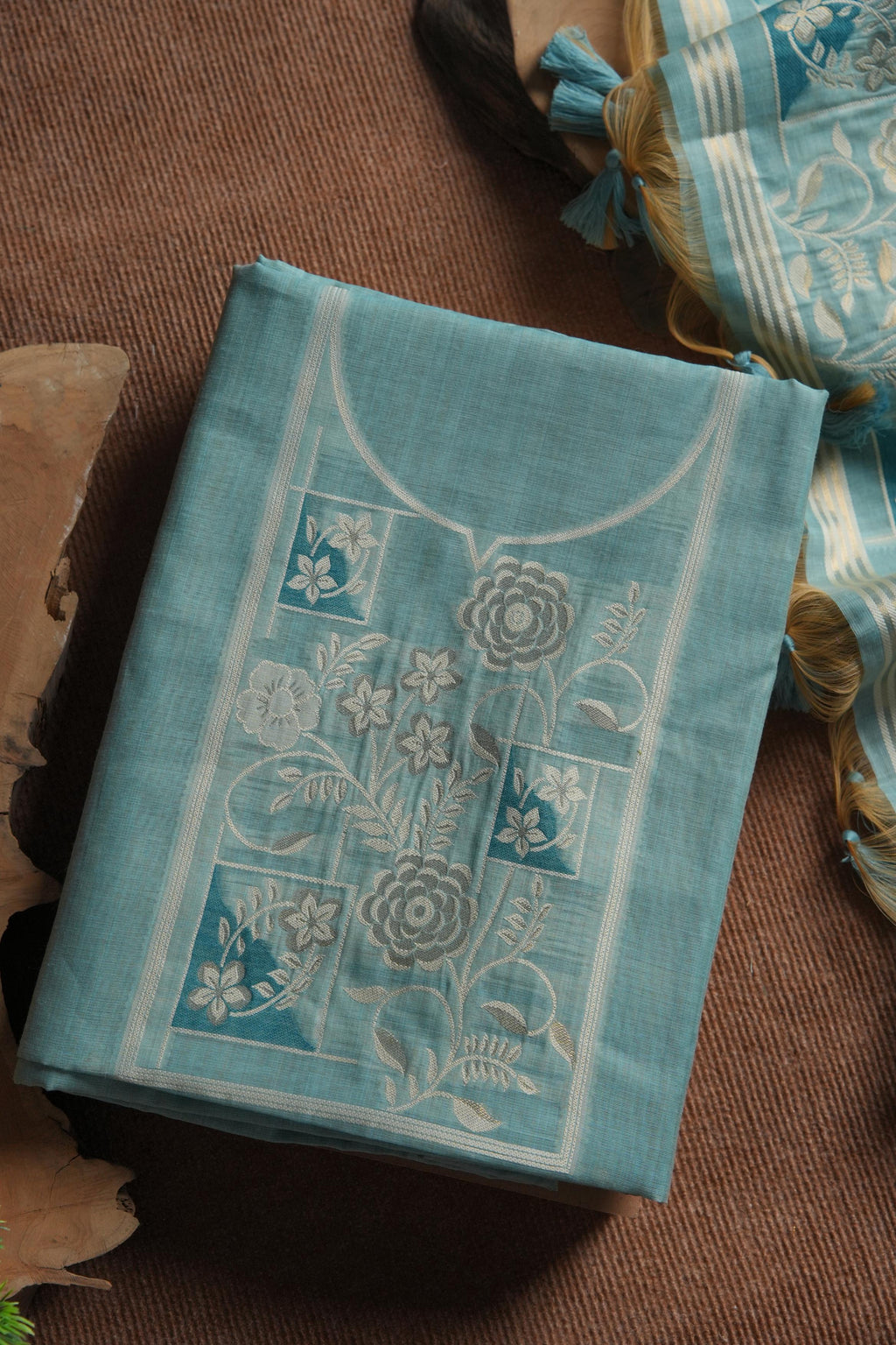 Muga Cotton Floral Pattern Unstitched Suit - Firozi