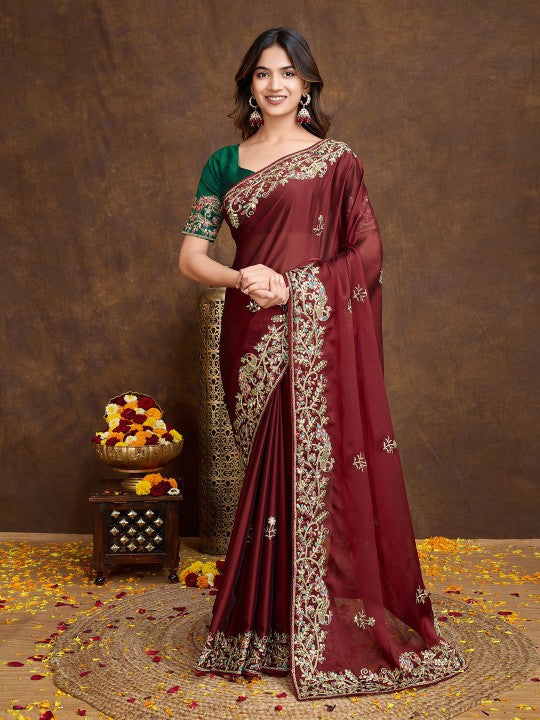 Floral Embroidered Saree with Blouse Piece