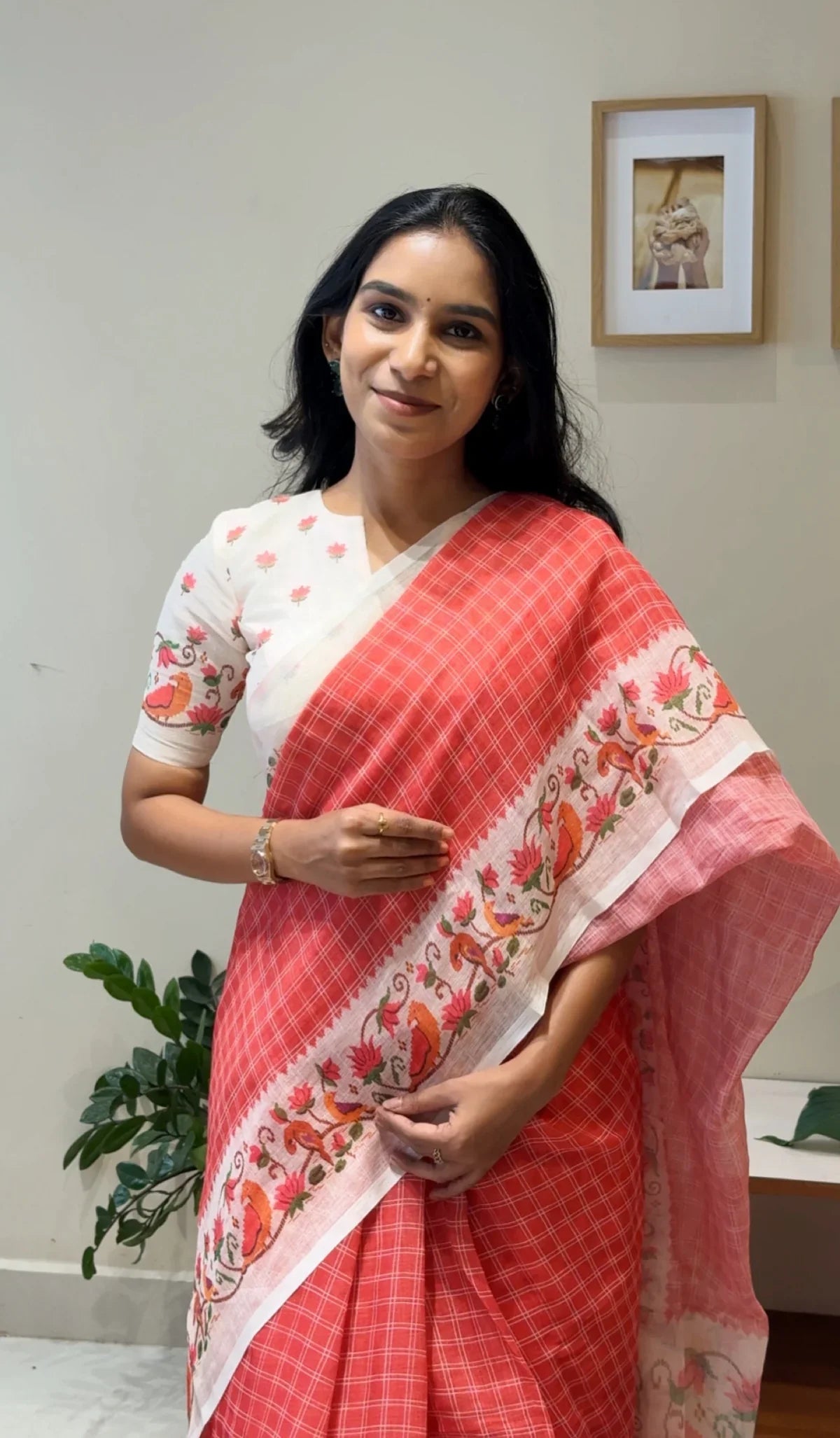 Premium Linen Cotton Saree with Floral Printed Border - GAJARI