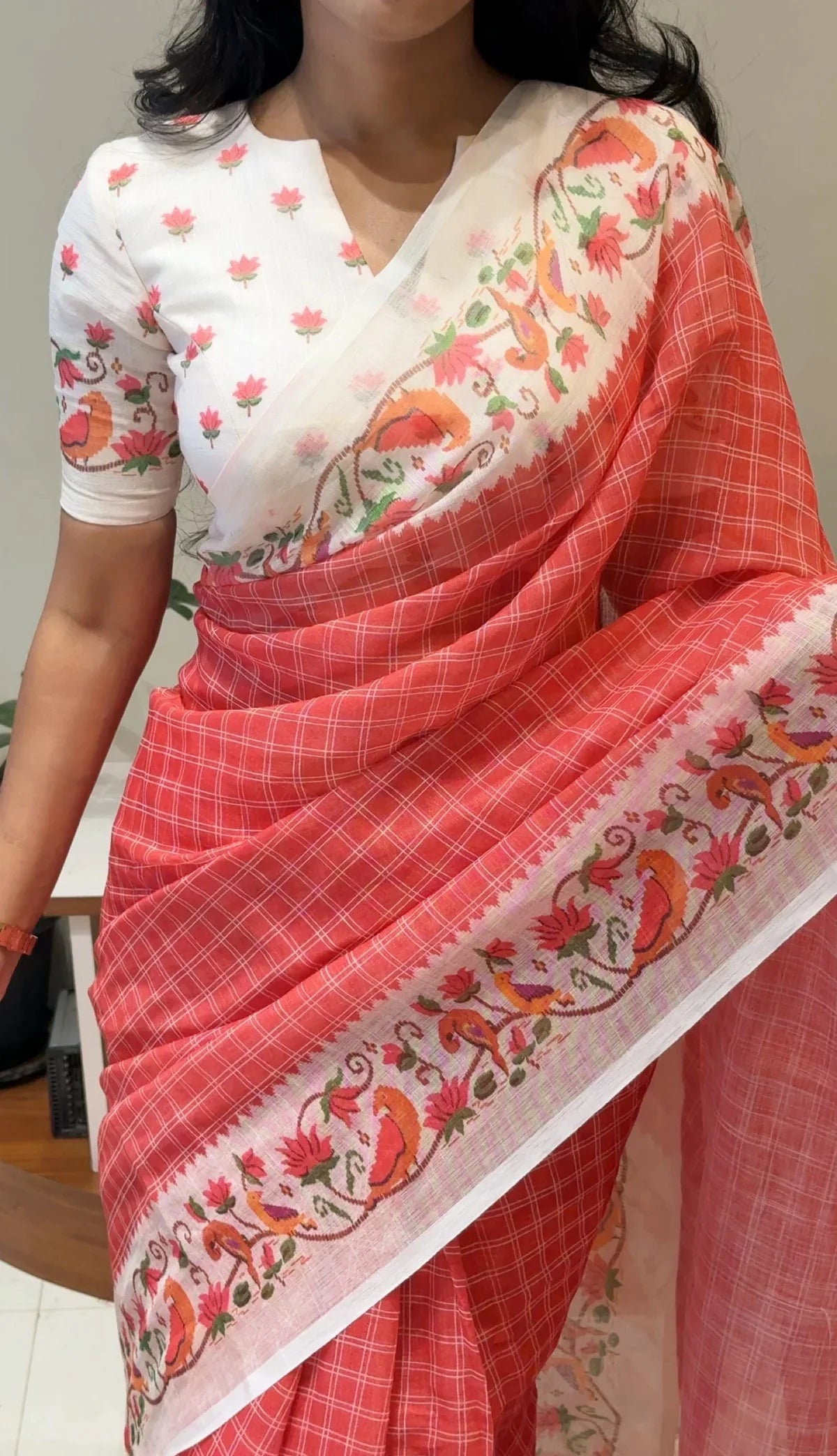 Premium Linen Cotton Saree with Floral Printed Border - GAJARI
