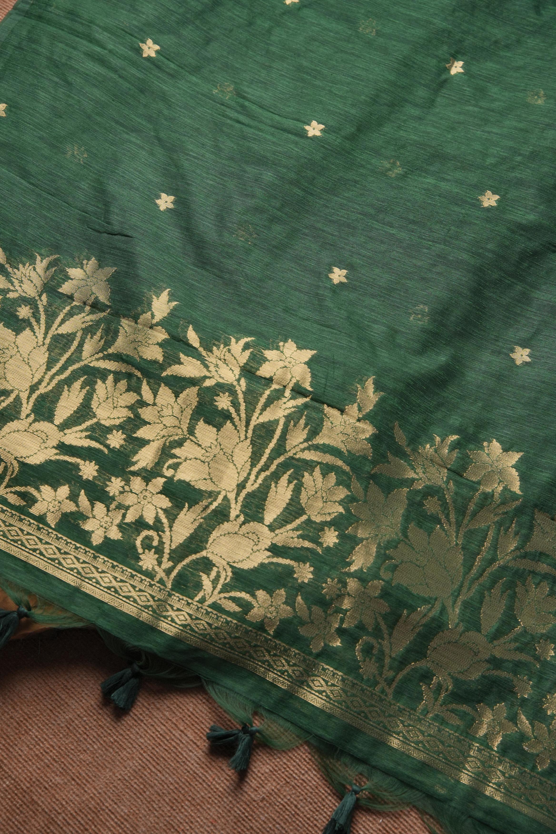 Linen Muslin Golden Zari Unstitched Suit-Dark Green