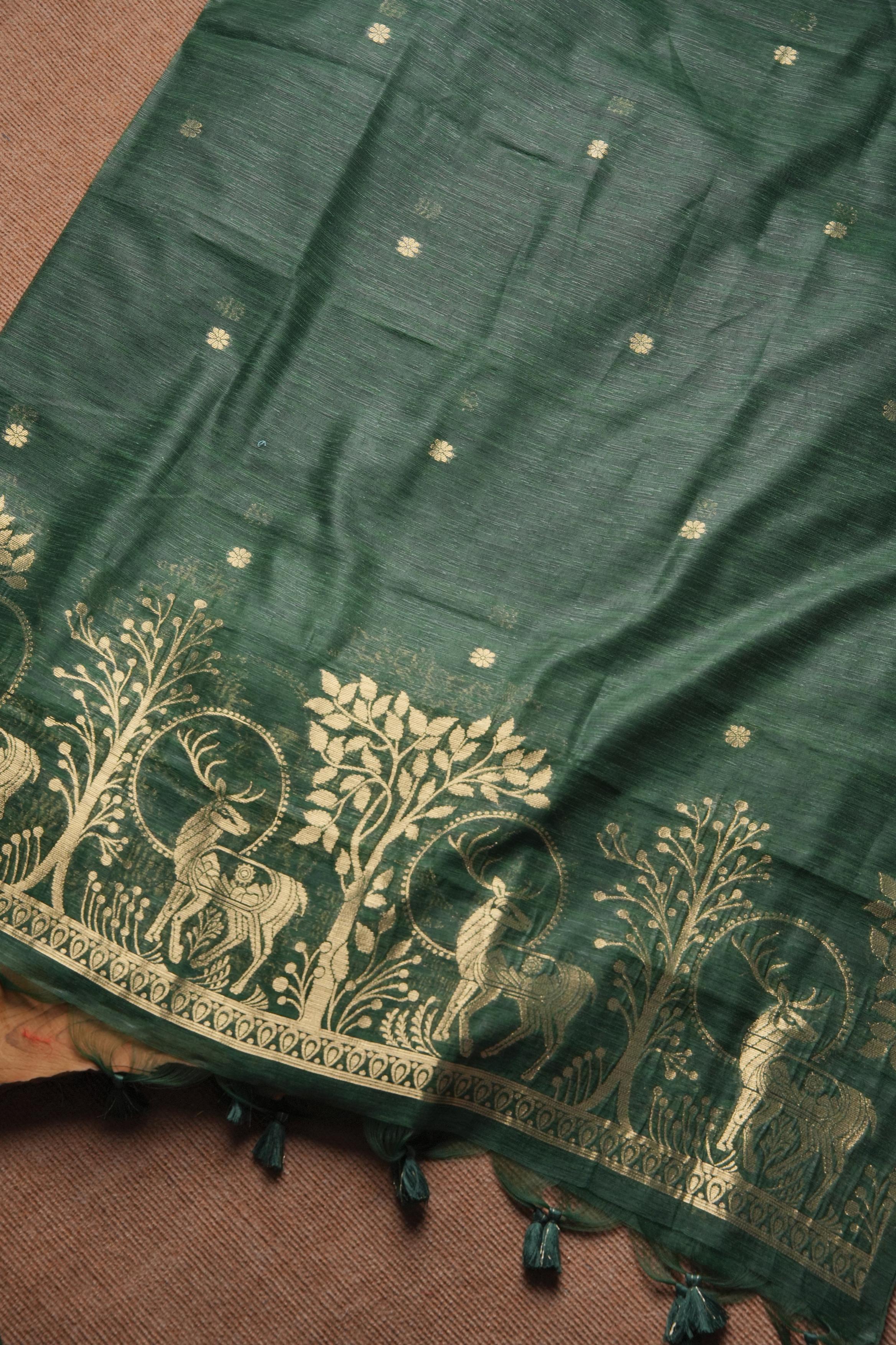 Linen Muslin Golden Zari Unstitched Suit-Darj Green